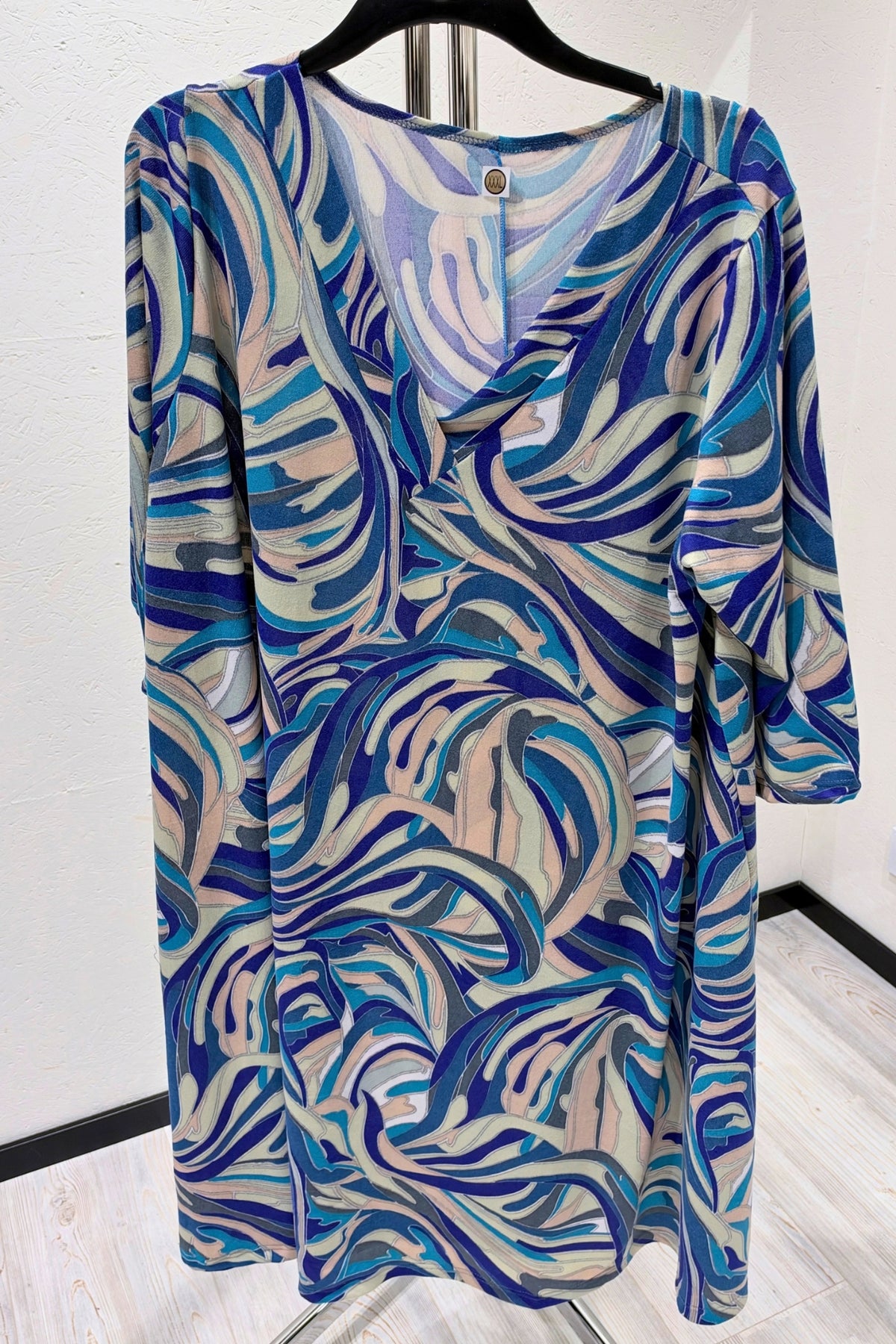 Jurk Ingrid A-lijn | Blue Lagoon | Soft Knit | 3/4 mouw | V-hals | 105cm