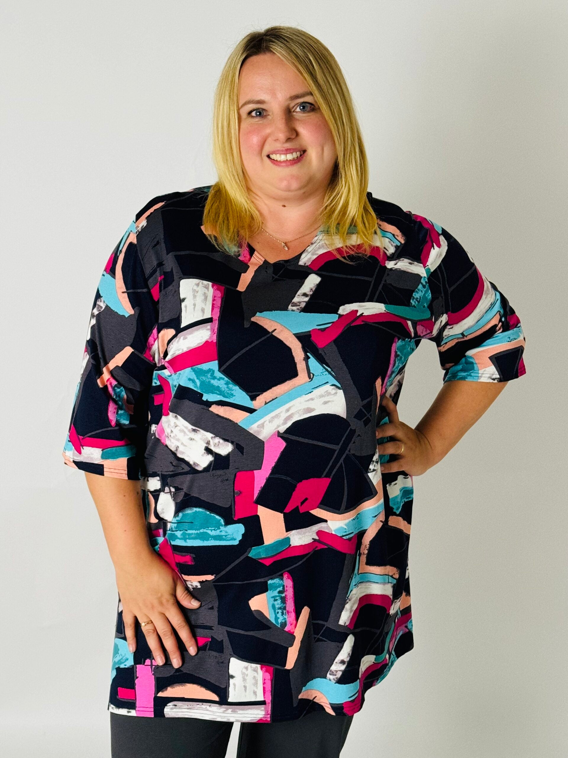 T-shirt Eva viscose met print abstractie grafiet 90cm