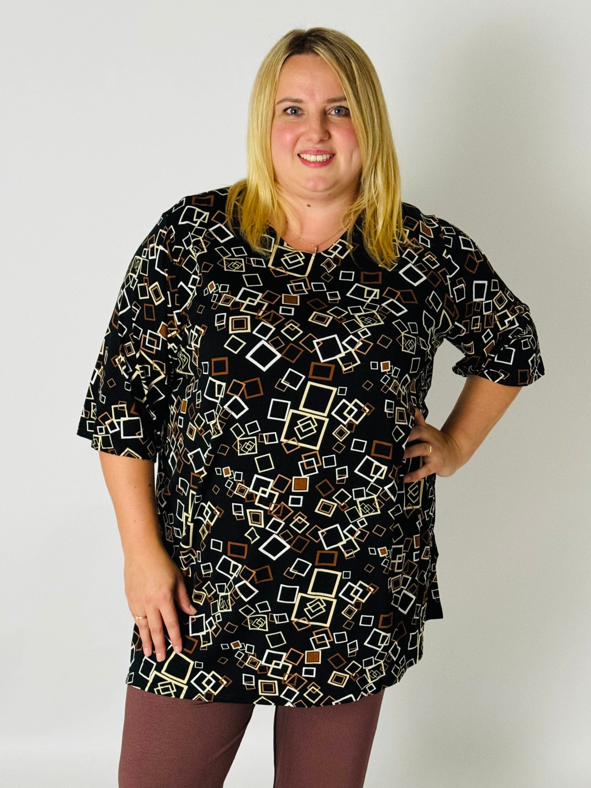 T-shirt Eva viscose met print vierkantjes bruin 90cm