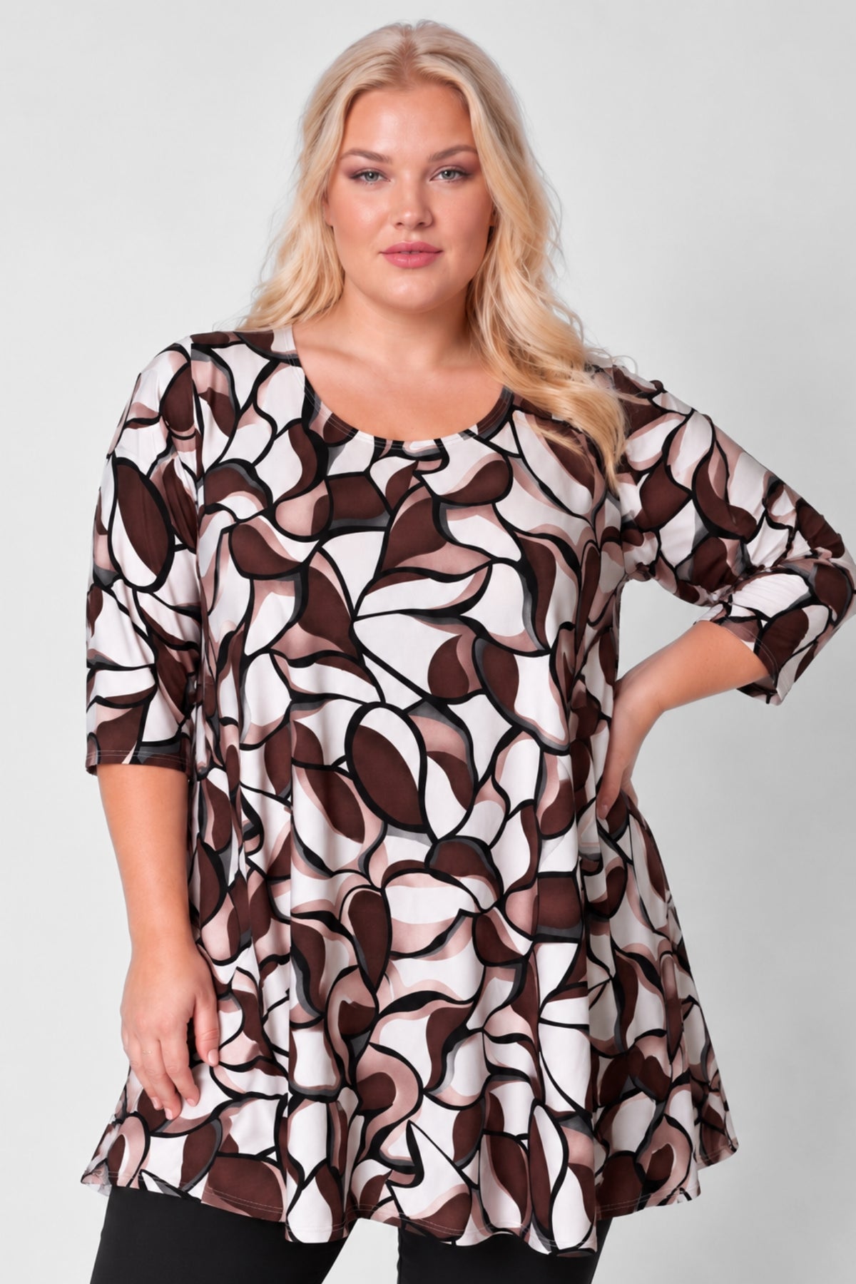 Wijd A-lijn Shirt Durkje | Mocha Leaves | ITY | 3/4 mouw | Ronde hals | 96cm