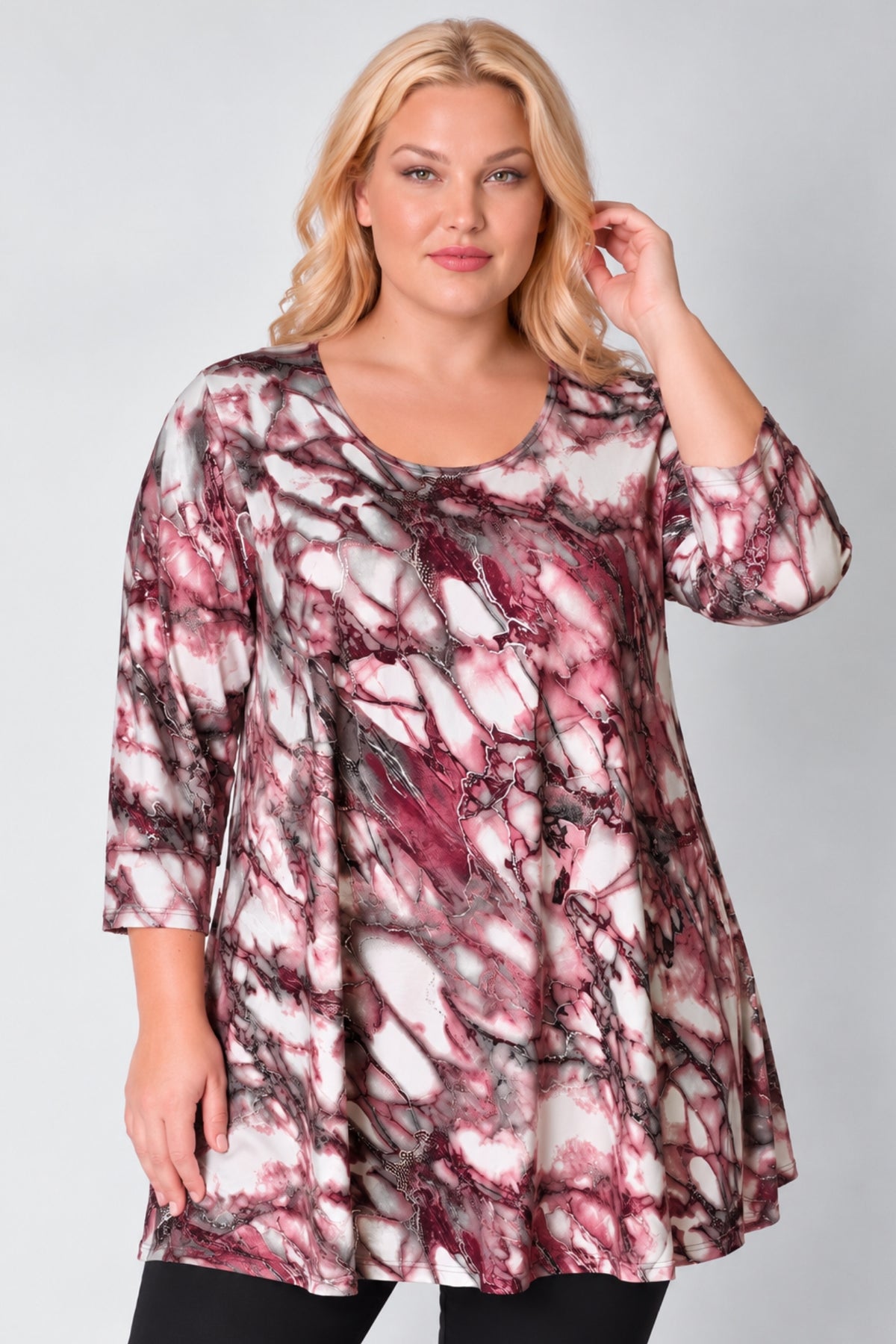 Wijd A-lijn Shirt Durkje | Rose Stones | Kimo | 4-way stretch | 3/4 mouw | Ronde hals | 96cm