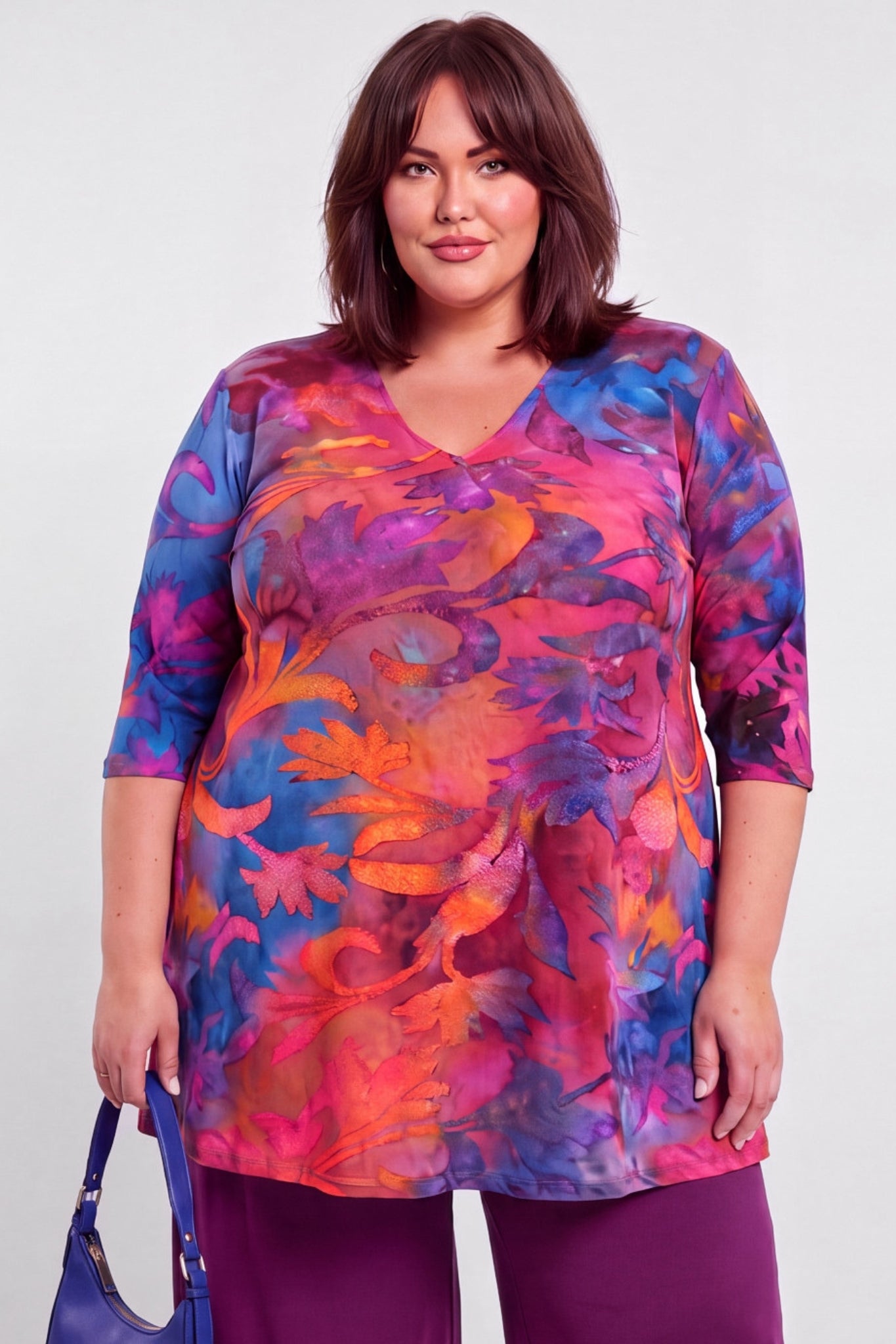 Top Erna | Majestic Bloom | Stretch Jersey | 3/4 mouw | Recht model | 90cm