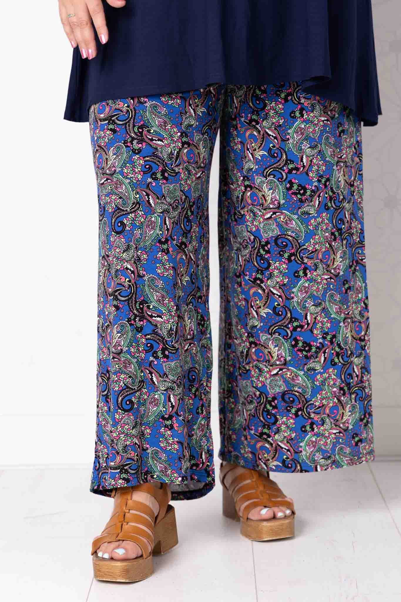 Wijde broek Judith - paisley groen kobaltblauw - Viscose - binnenbeenlengte ca. 70/72 cm