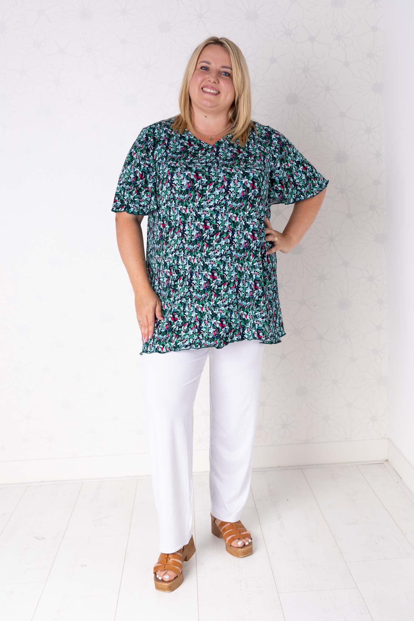 Top Karin - bloemen blaadjes turquoise groen fuchsia - 90cm - viscose