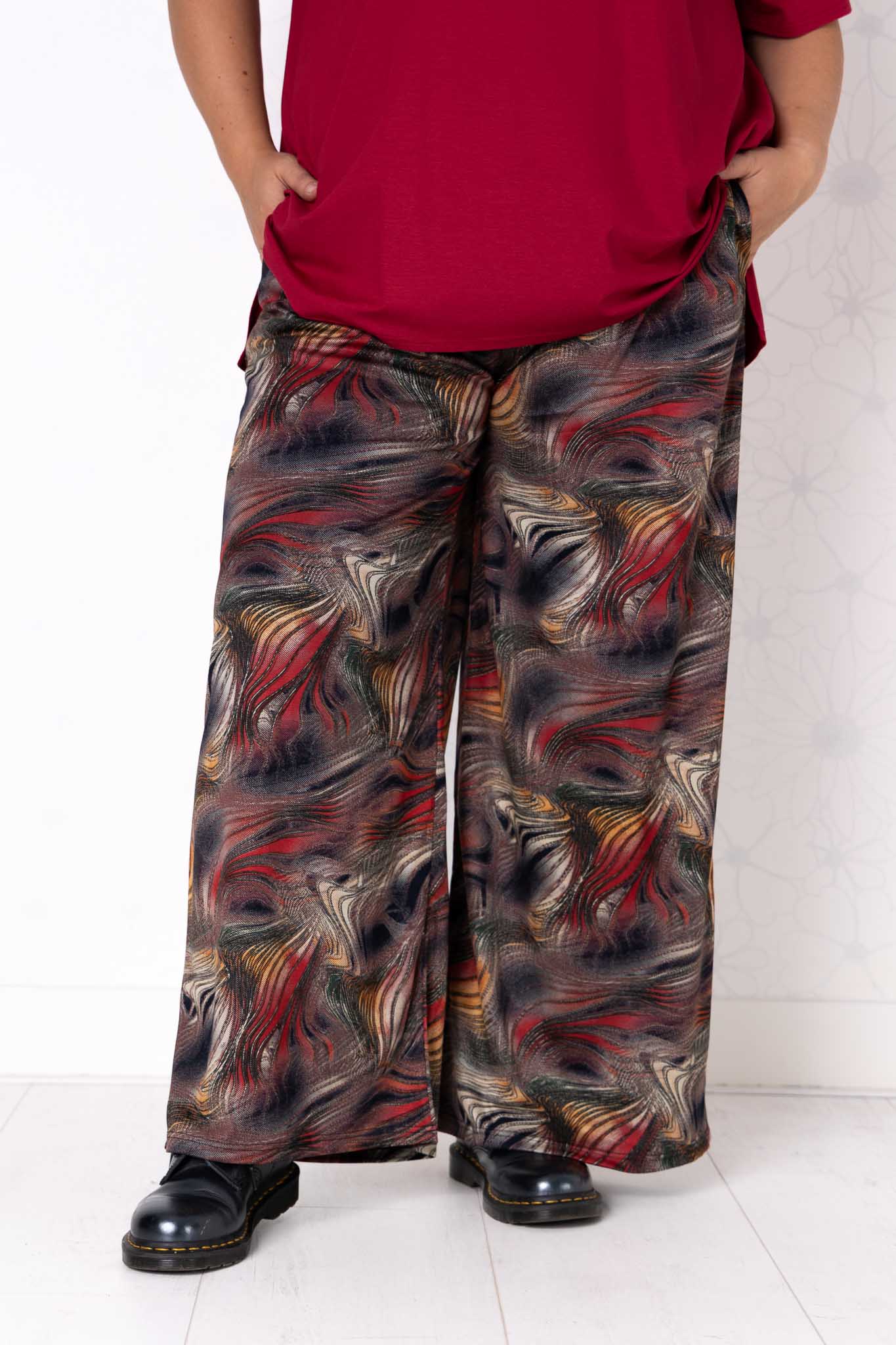 Wijde Broek Suzette | Golven Bruin Rood | Modal