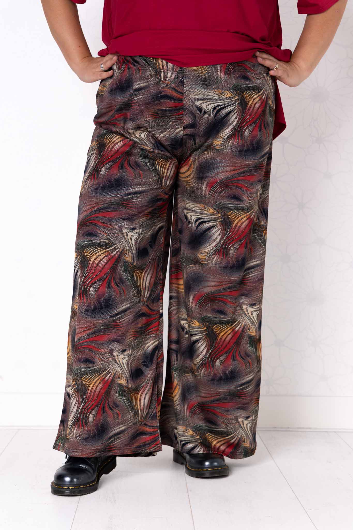 Wijde Broek Suzette | Golven Bruin Rood | Modal