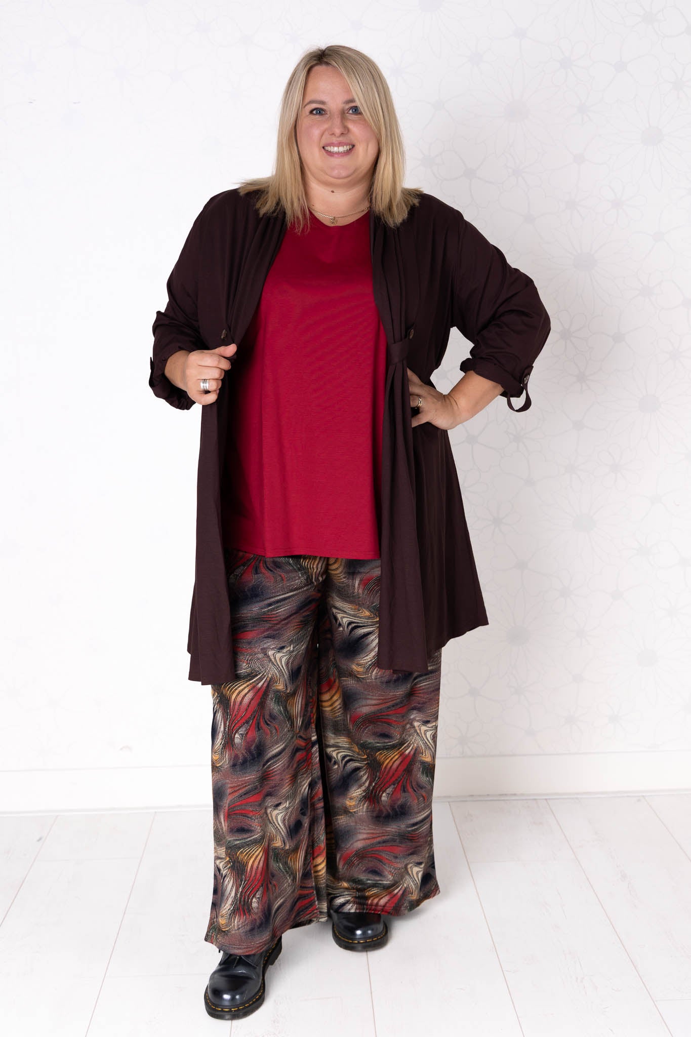 Wijde Broek Suzette | Golven Bruin Rood | Modal