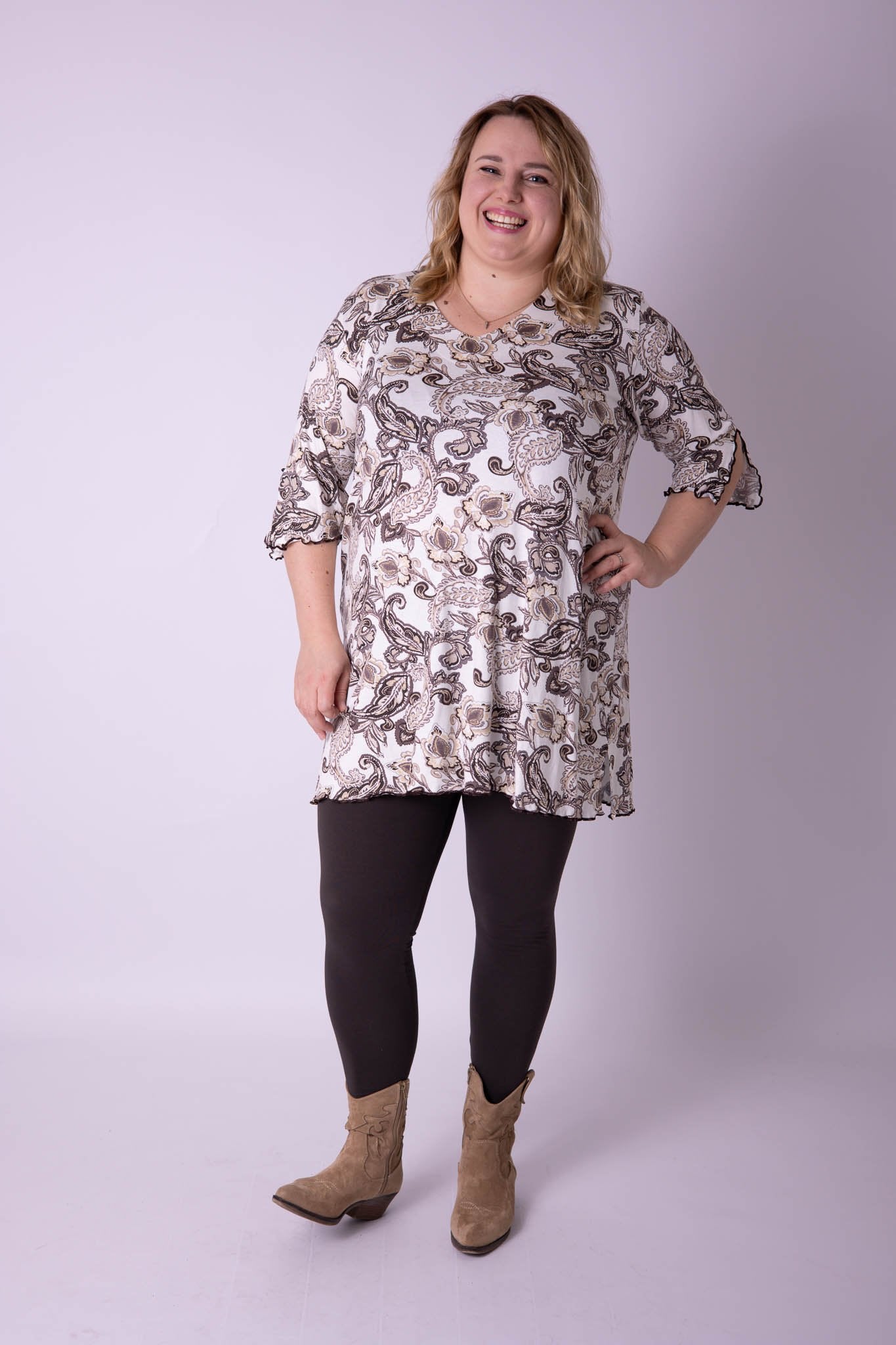 Top Erna driekwart mouwen bruin crème viscose 90 cm