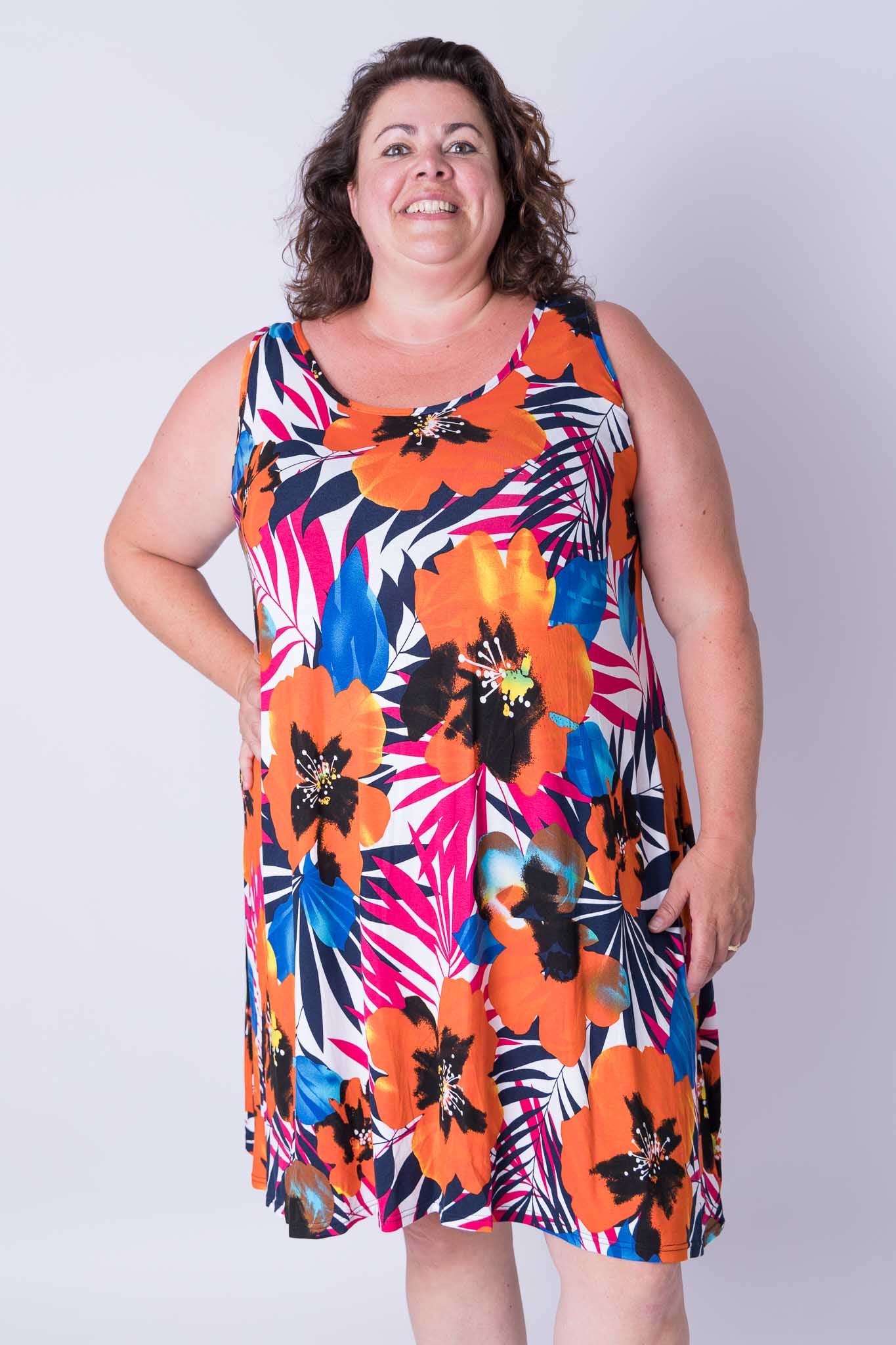 Jurk Gwen A-lijn oranje klaprozen 105 cm viscose