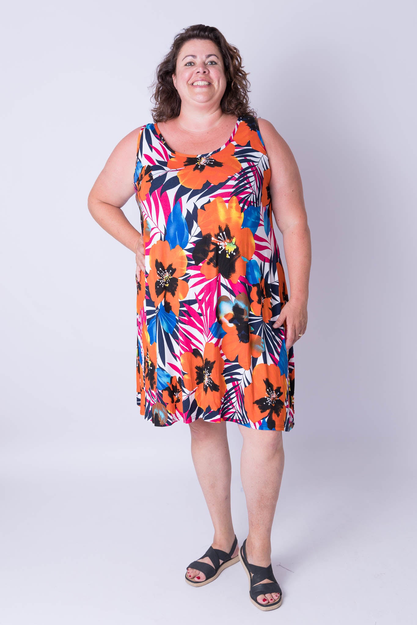 Jurk Gwen A-lijn oranje klaprozen 105 cm viscose
