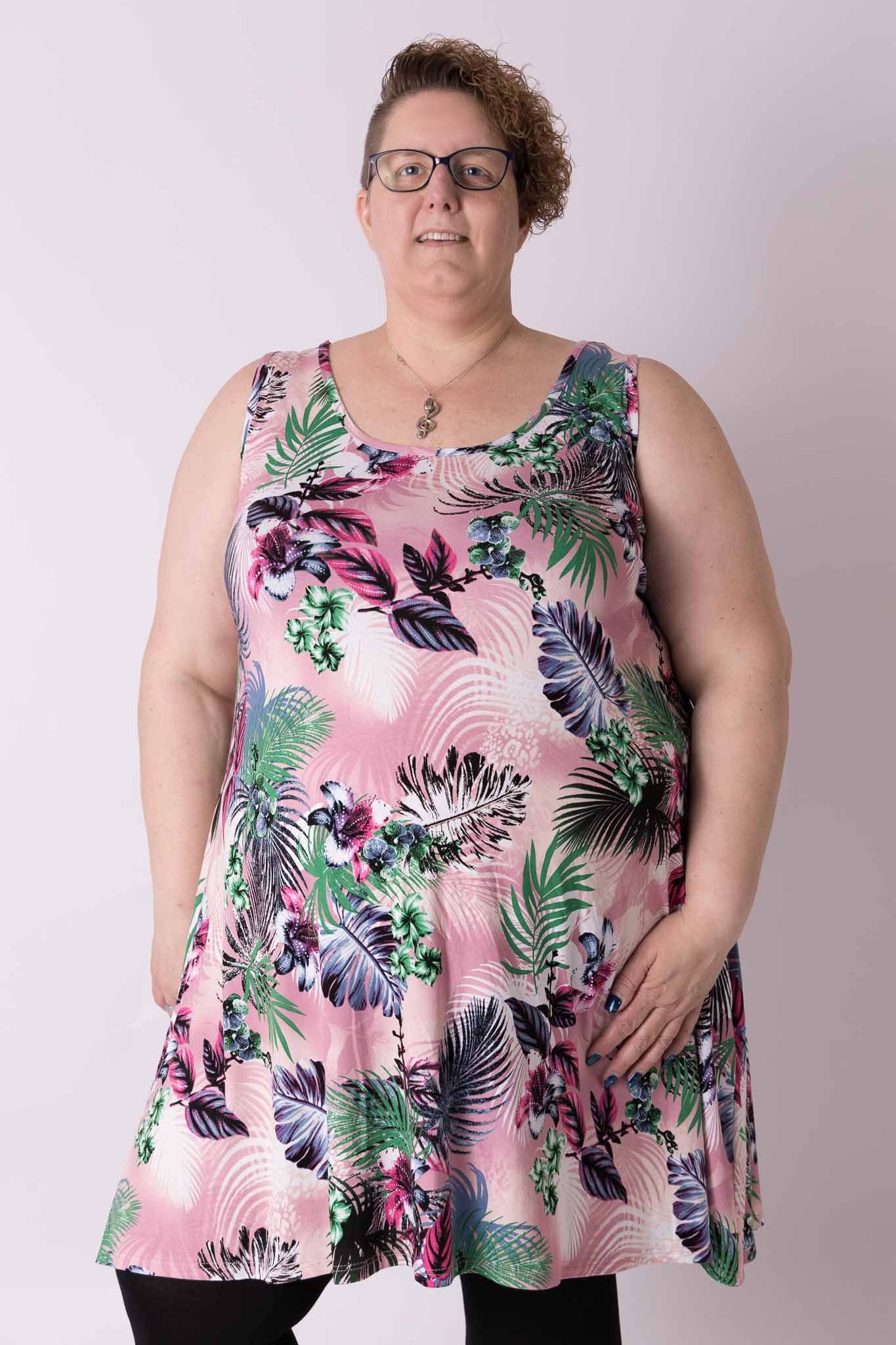 Jurk Gwen A-lijn roze tropisch 105 cm viscose