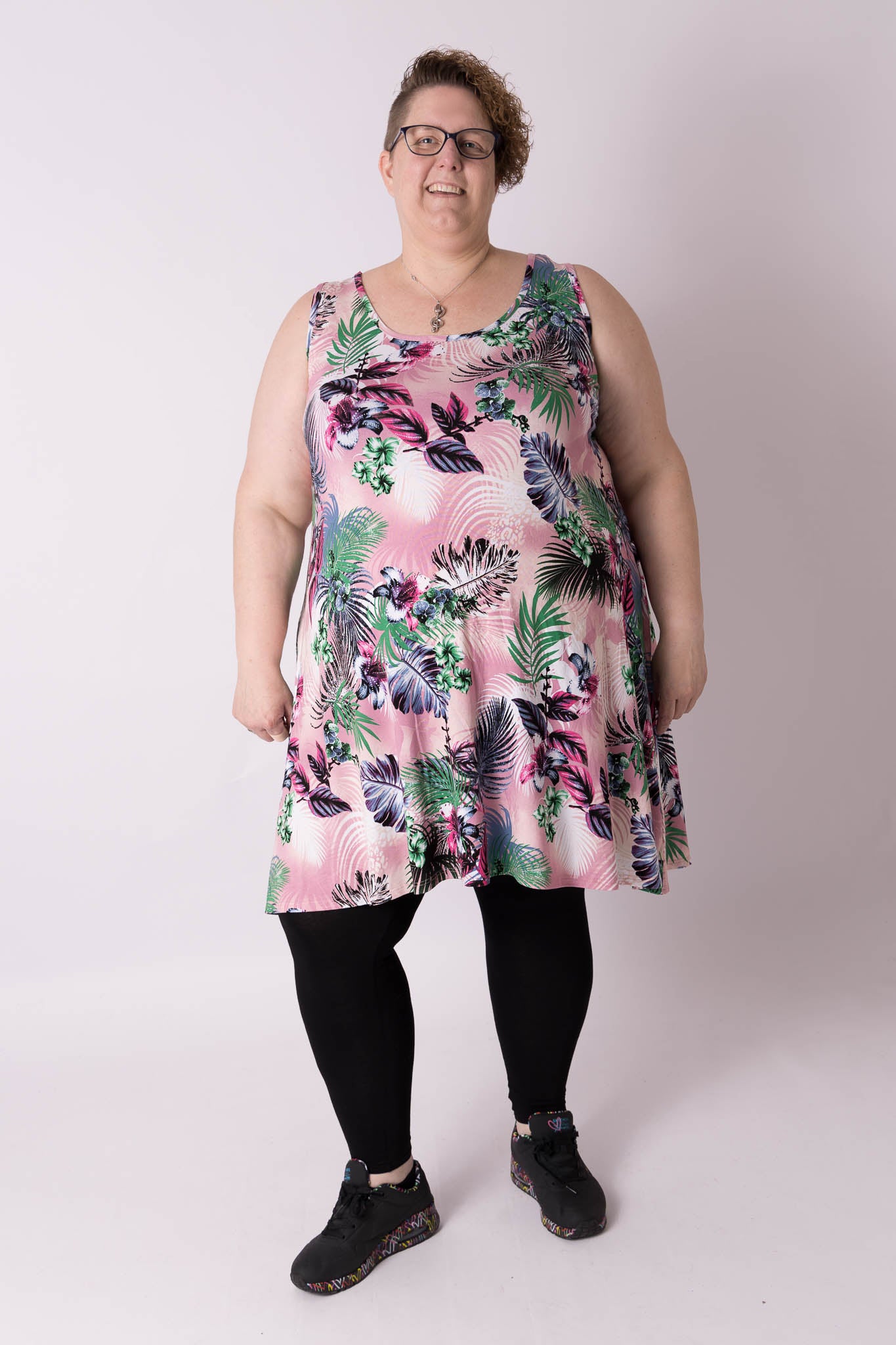 Jurk Gwen A-lijn roze tropisch 105 cm viscose