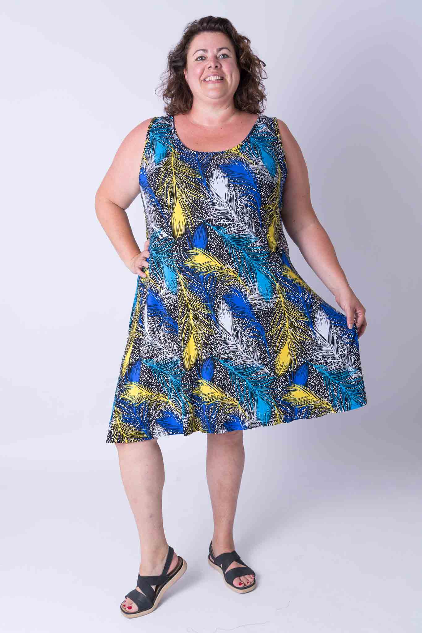 Jurk Gwen A-lijn veren kobalt geel turquoise 105 cm viscose