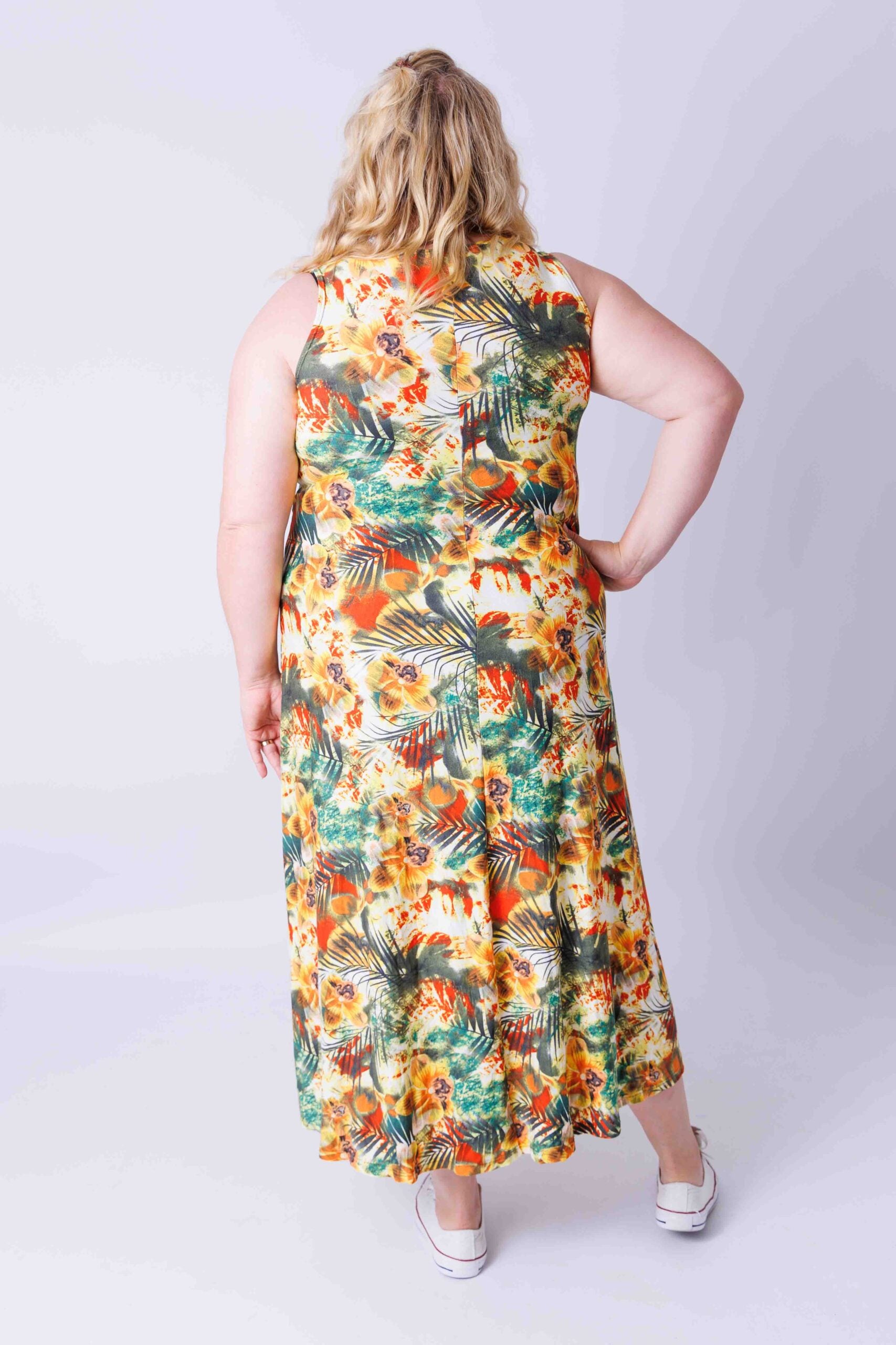 Maxi jurk mouwloos tropisch bladeren viscose ca 130-135 cm