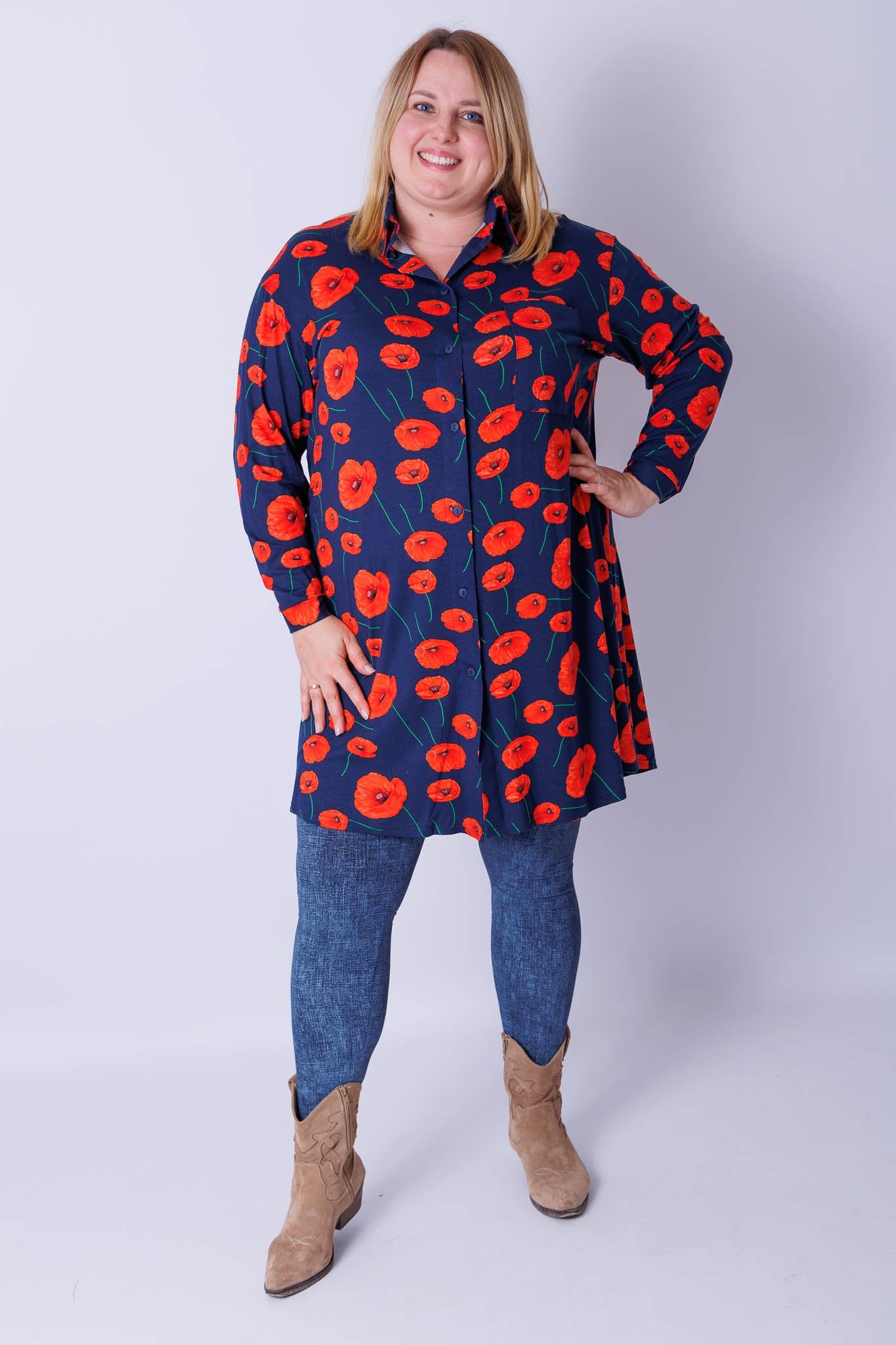 Lange A-lijn blouse Tonny klaprozen viscose 105 cm