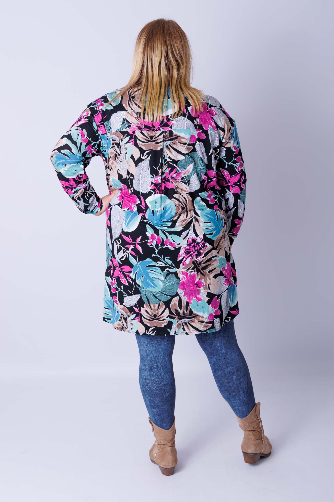 Lange A-lijn blouse Tonny paarse bloemen viscose 105 cm