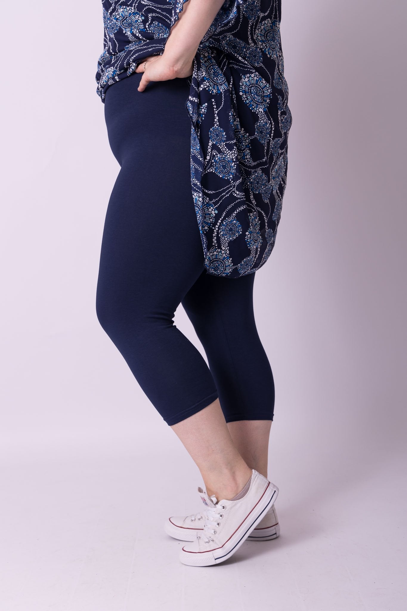 Legging DRIEKWART capri donkerblauw brede tailleband katoen