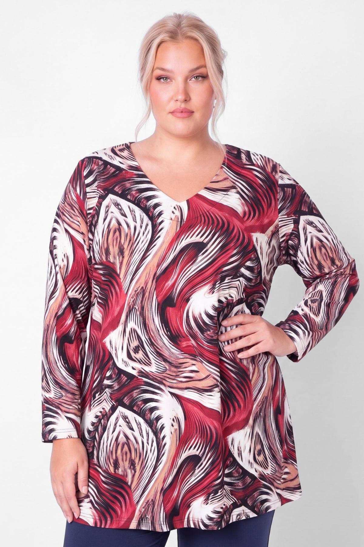 Longshirt Erna | Bordeaux Swirl | Recht Model | Soft Knit | Lange Mouw | 90cm