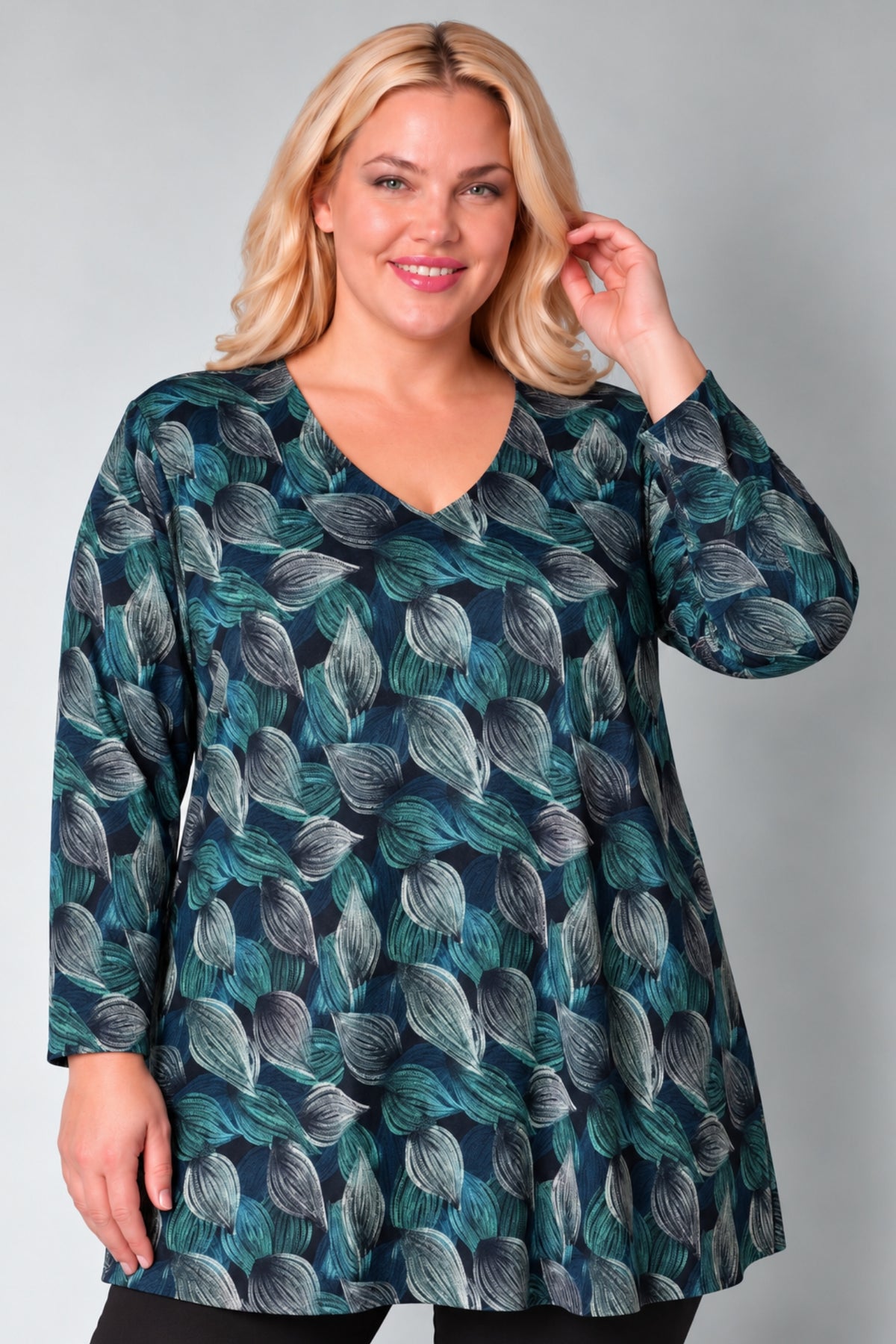 Longshirt Erna | Petrol Botanica |Sonia met Viscose | Recht model | V-hals | 90 cm
