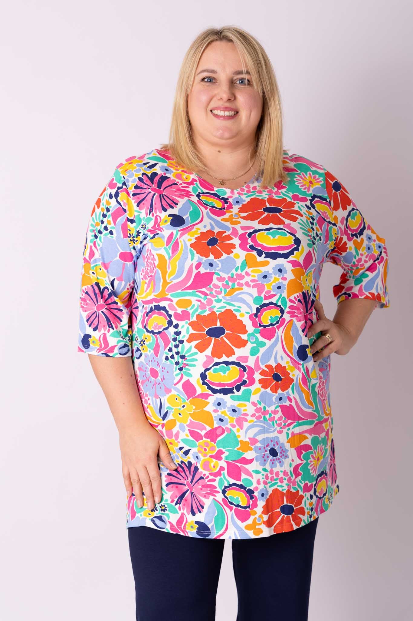 T-shirt Eva viscose met print gekleurde bloemen 90cm