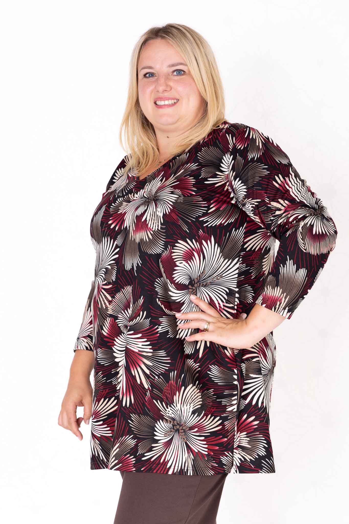 Top Erna | Modal | 90 cm | Bloemen bordeaux zwart taupe