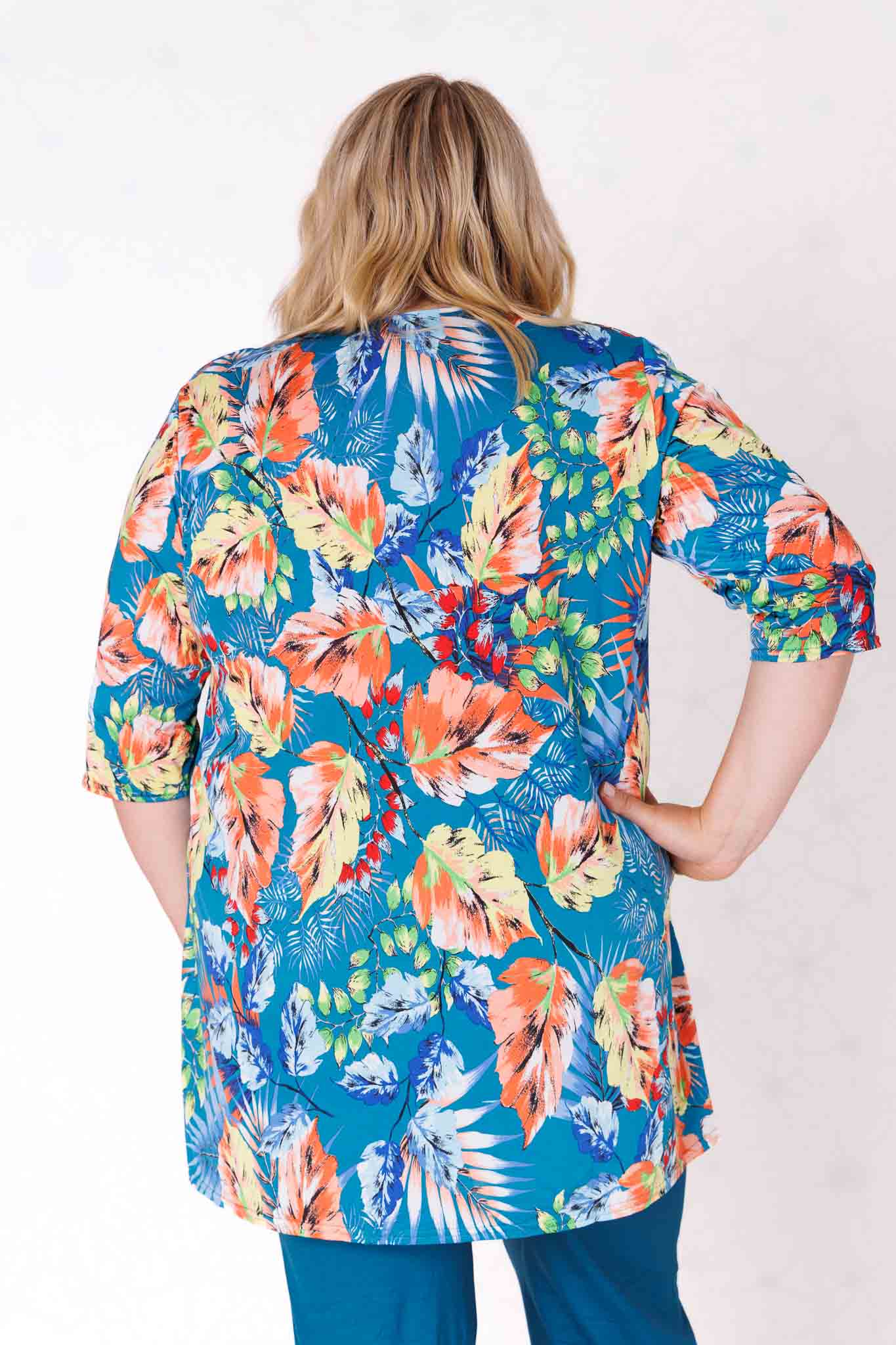 Top Erna – Bloemen/Bladeren/Turquoise/Oranje |Travelstof 90 cm