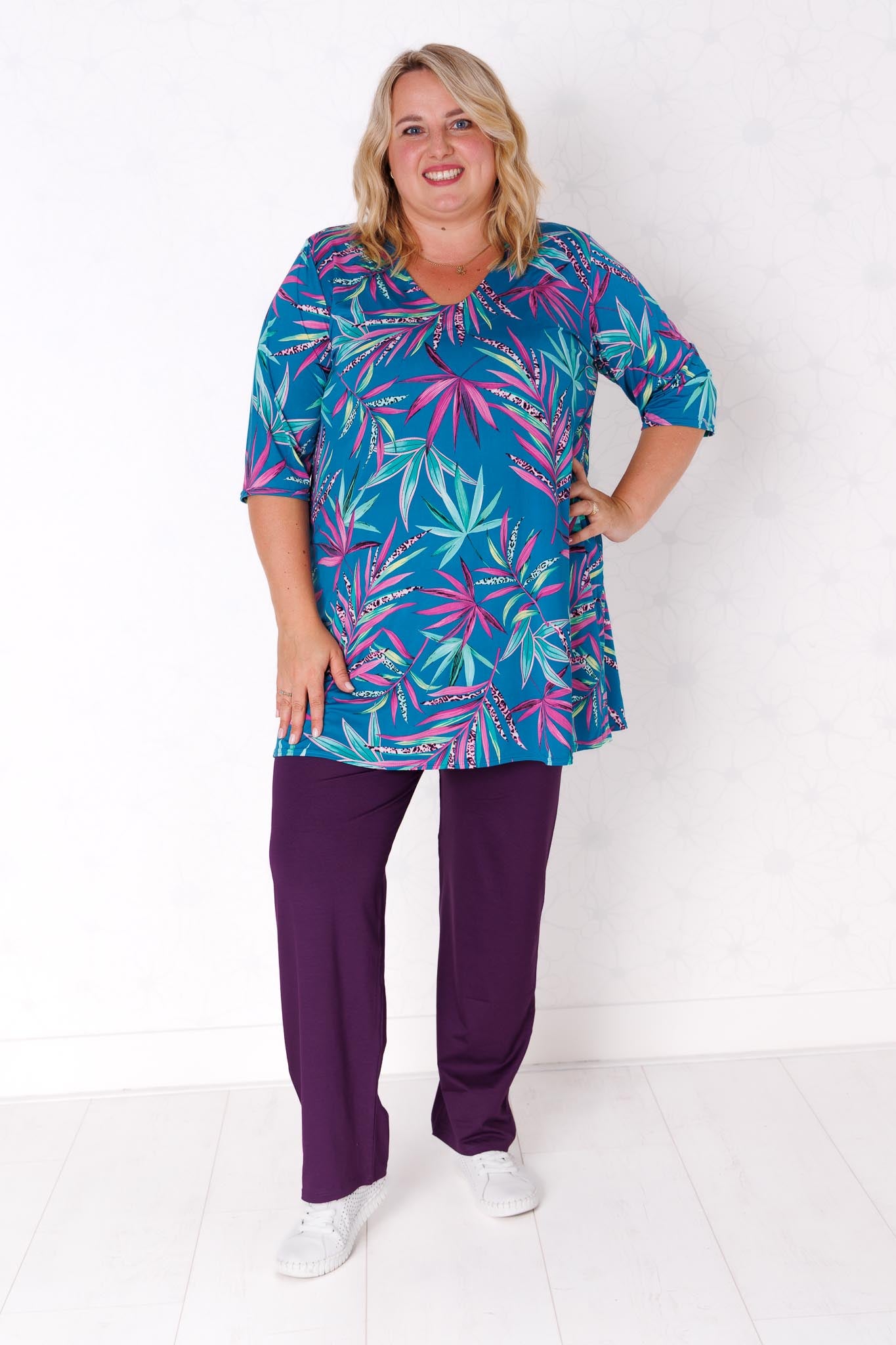Top Erna – Varen/ Turquoise/Fuchsia l op Petrol |Travelstof 90 cm