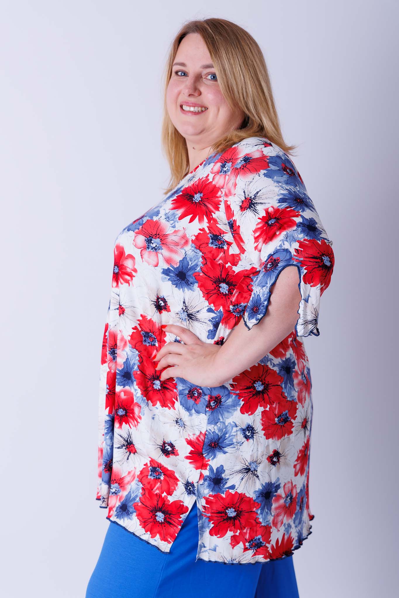 Top Erna driekwart klaprozen korenbloemen 90 cm viscose
