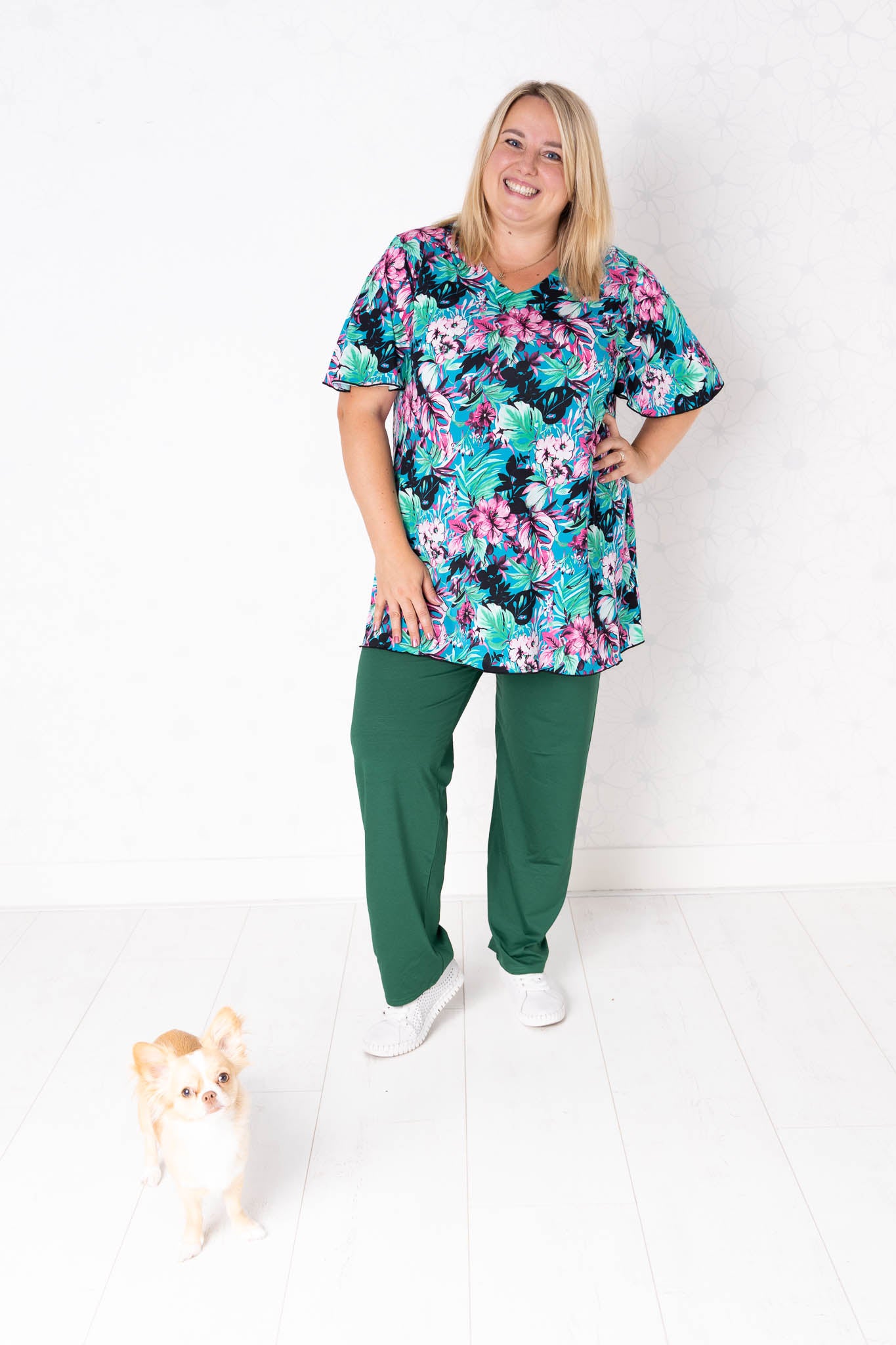 Top Karin – print "Bladeren en Bloemen" turquoise/groen/roze – travelstof – lengte 90 cm