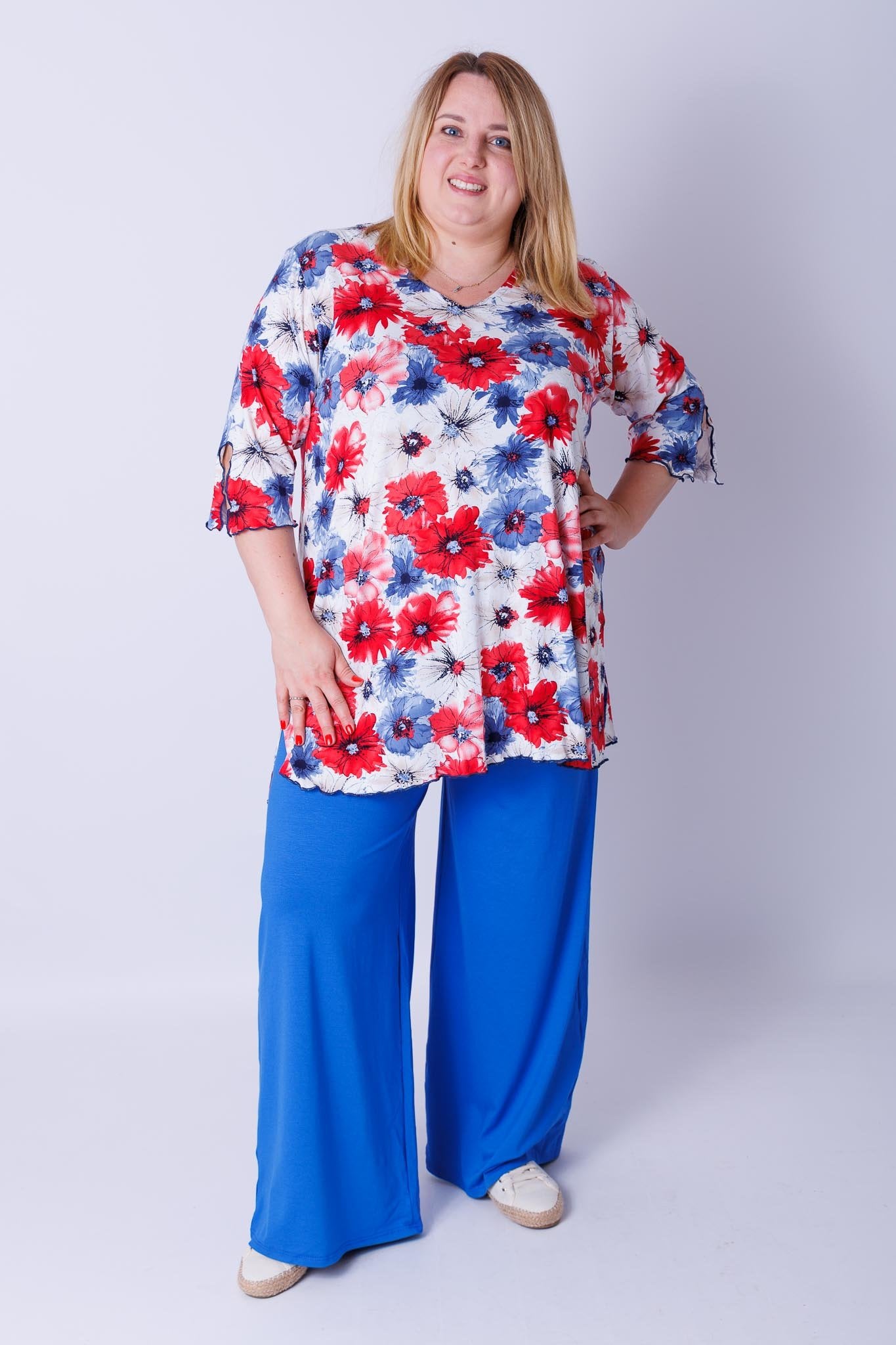 Top Erna driekwart klaprozen korenbloemen 90 cm viscose