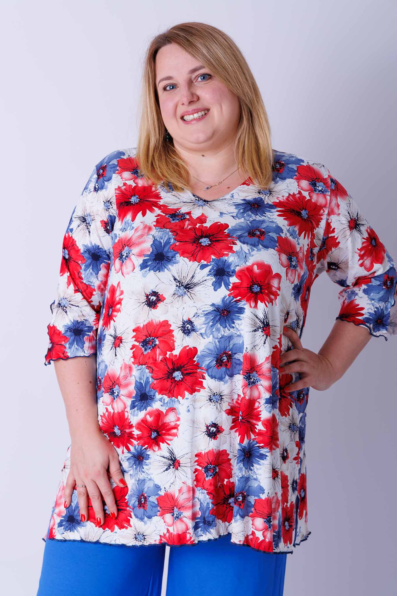 Top Erna driekwart klaprozen korenbloemen 90 cm viscose