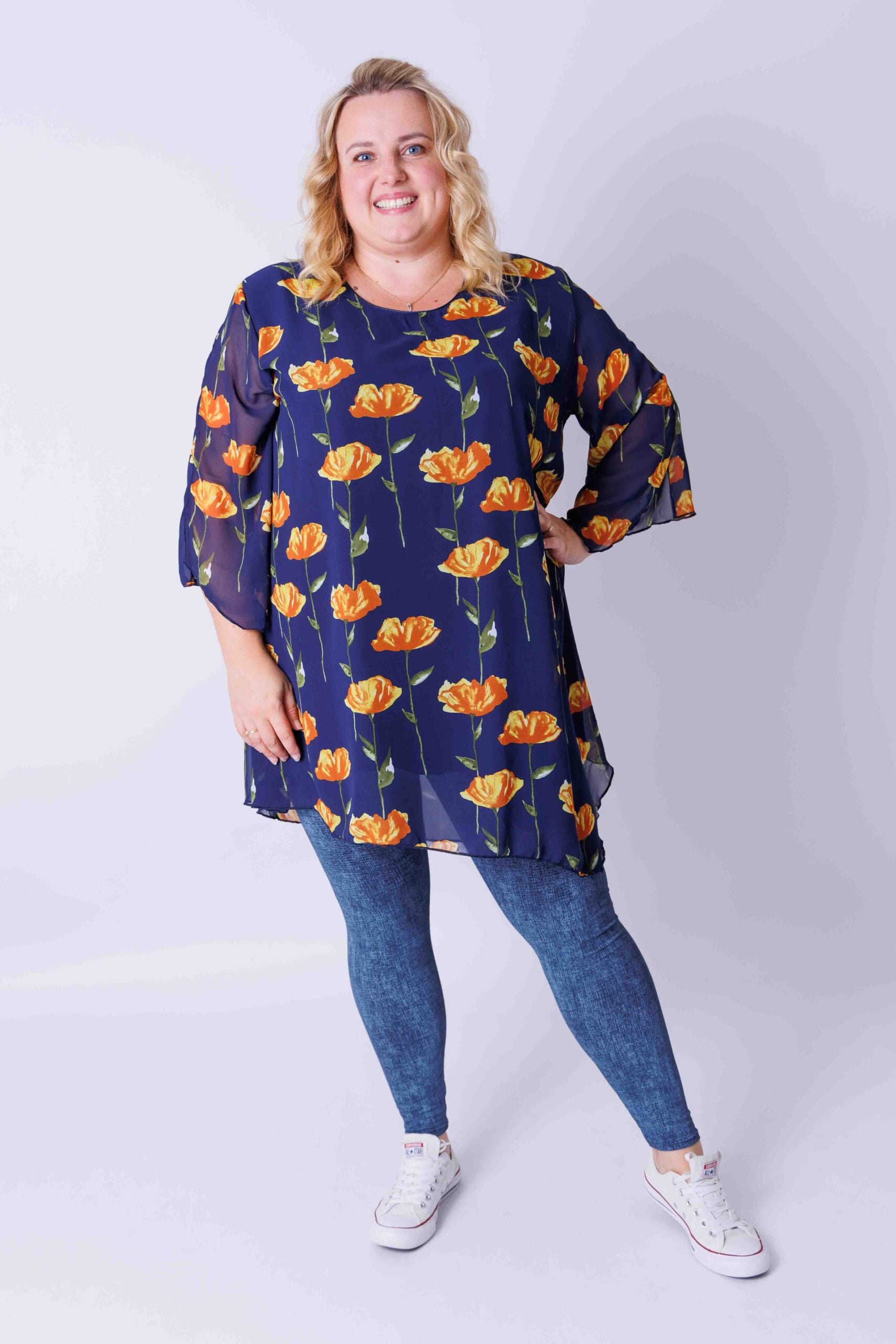 Tuniek Lotte asymmetrisch okergele rozen chiffon