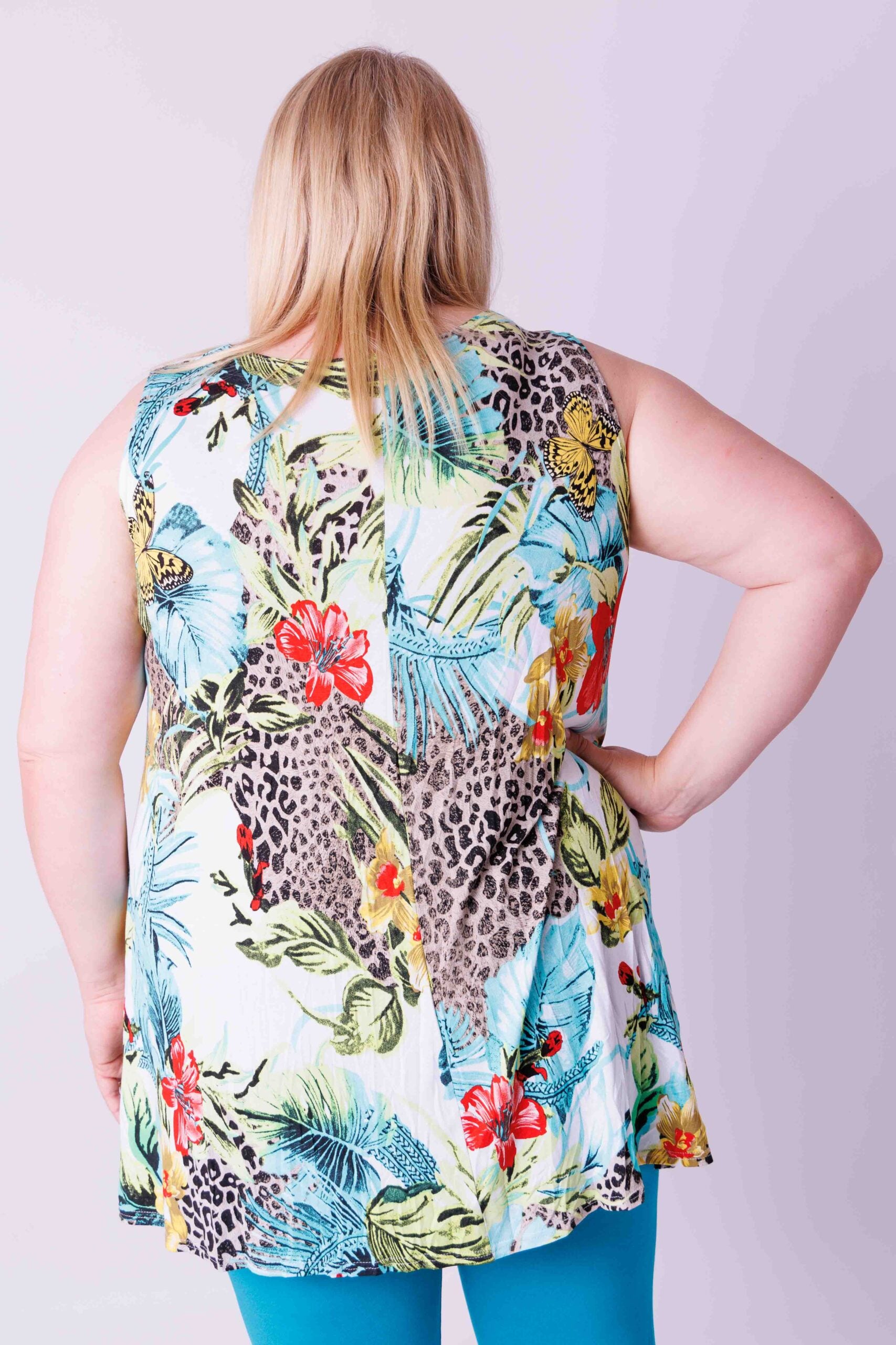 Top Ingrid, wijd mouwloos, tropisch dieren print 85-90 cm viscose