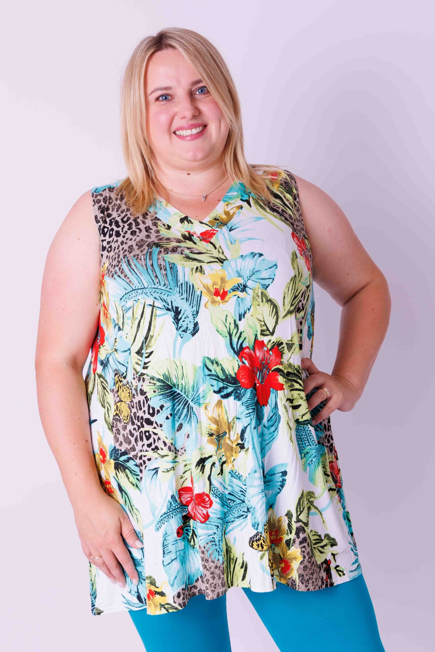 Top Ingrid, wijd mouwloos, tropisch dieren print 85-90 cm viscose