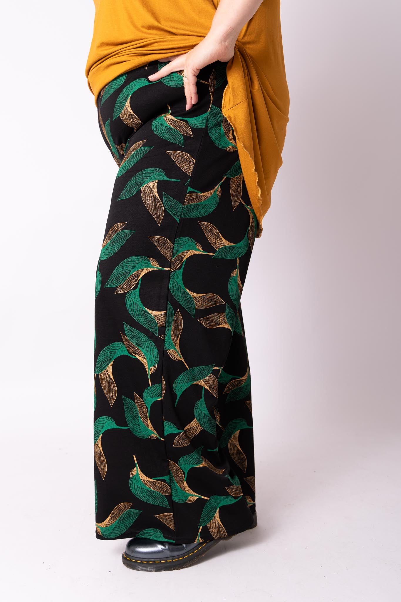 Wijde broek Judith goud groene bladeren