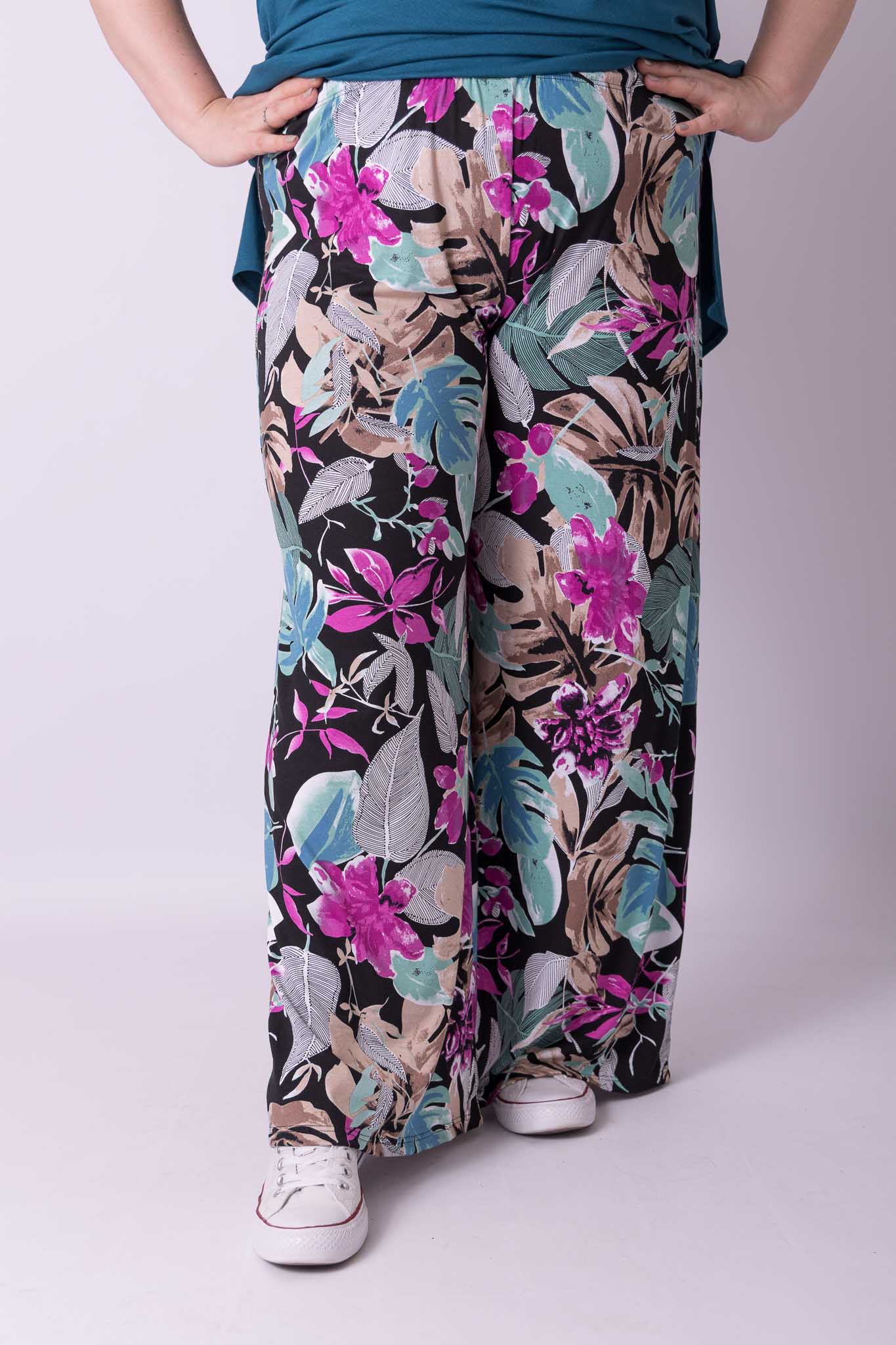 Wijde broek Judith petrol fuchsia bloemen viscose