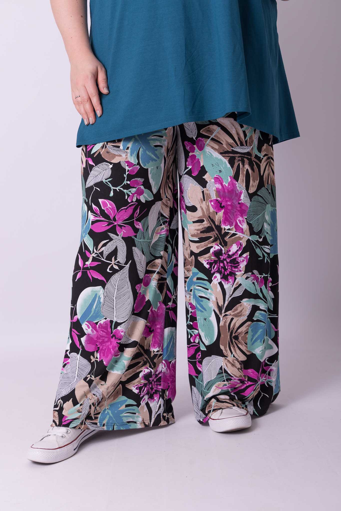 Wijde broek Judith petrol fuchsia bloemen viscose
