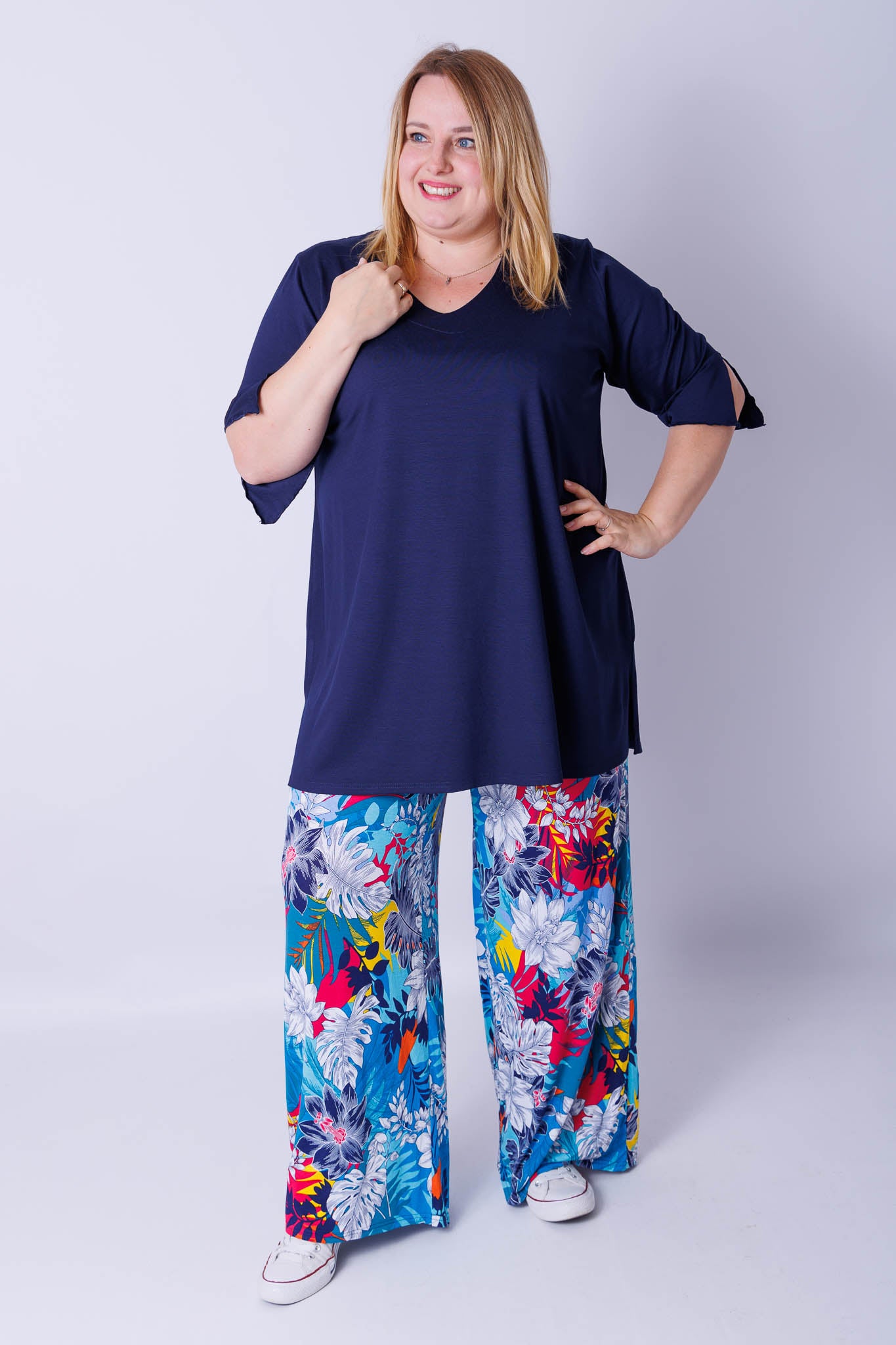 Wijde broek Judith turquoise tropisch viscose