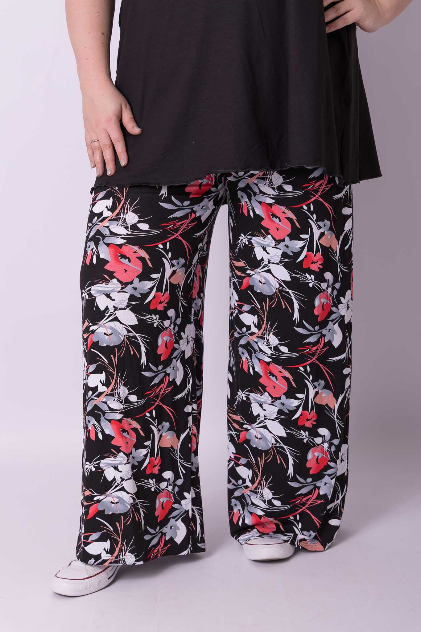 Wijde broek Judith zwart rode bloemen viscose