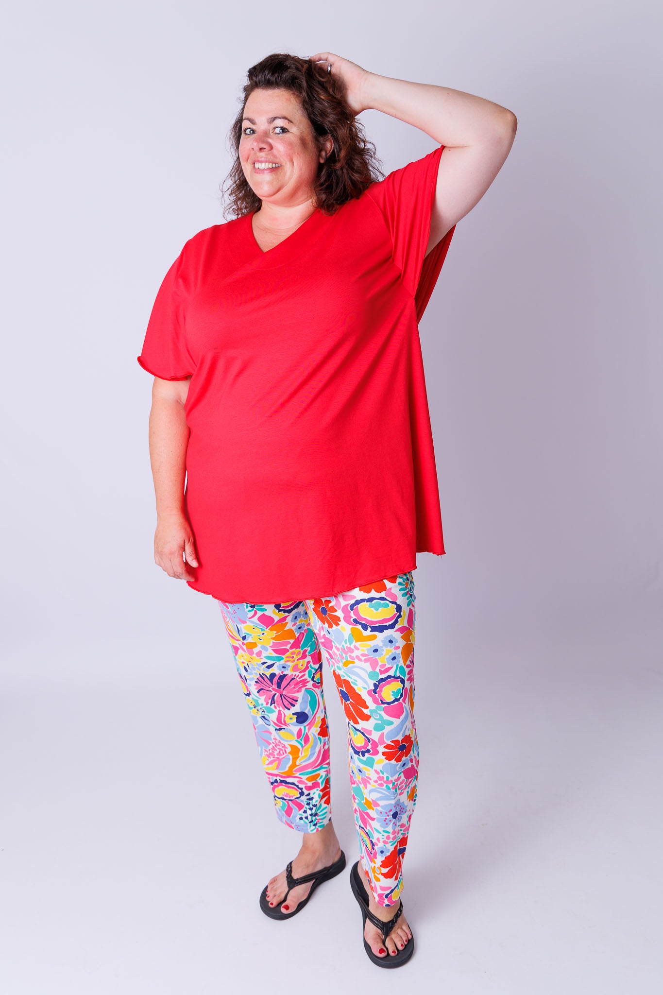 Broek comfy rode bloemen viscose