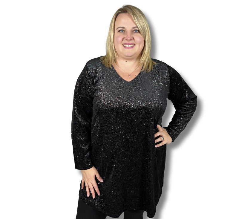 Erna zwarte glitter lange mouwen - laatste in maat 58/60