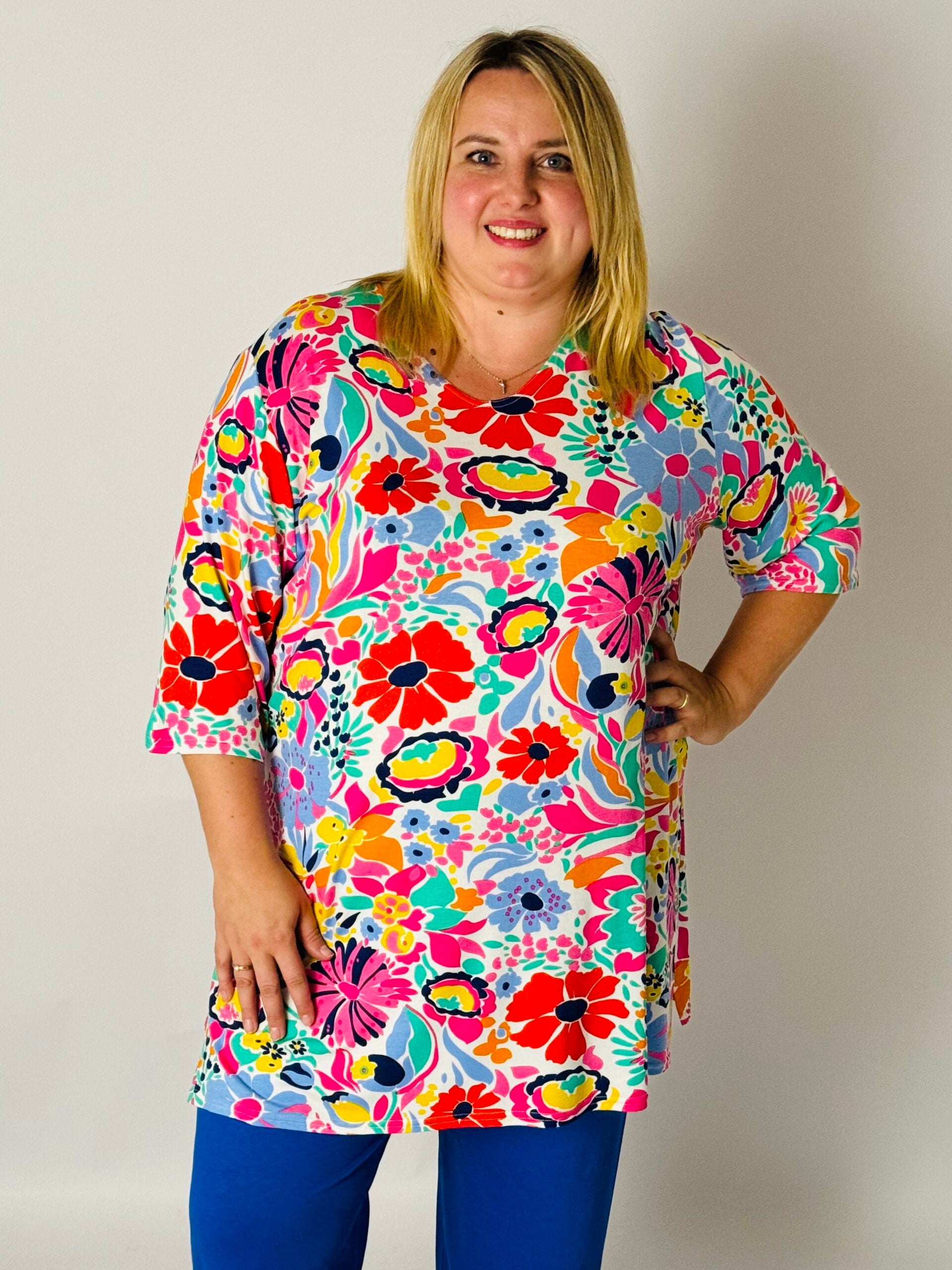 T-shirt Eva viscose met print gekleurde bloemen 90cm