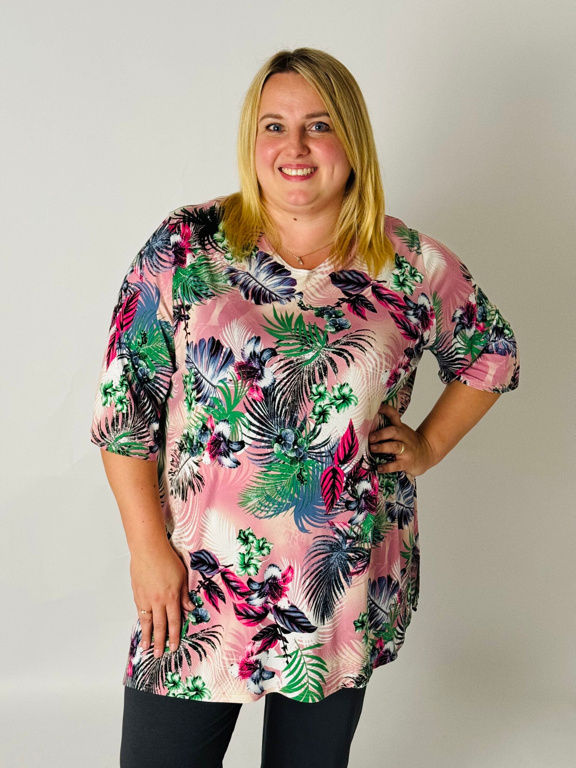 T-shirt Eva viscose met print roze tropisch 90cm