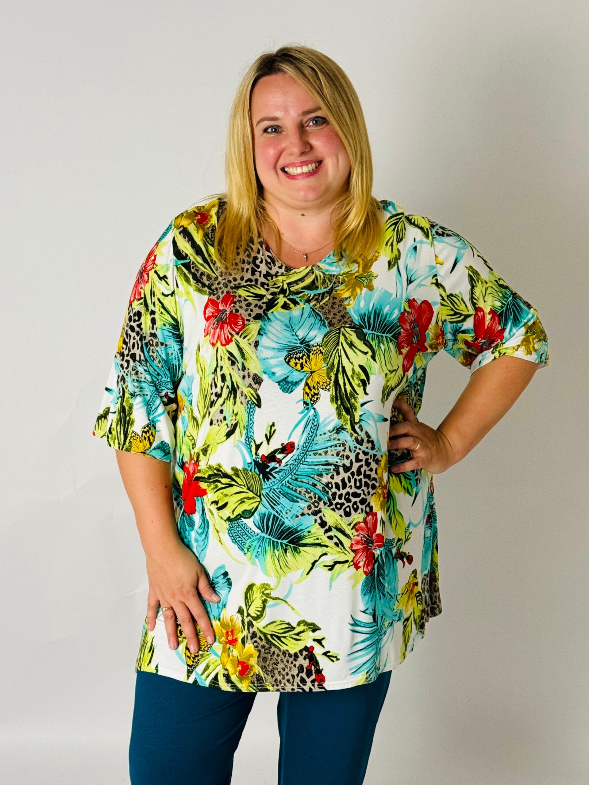 T-shirt Eva viscose met print tropisch dieren 90cm
