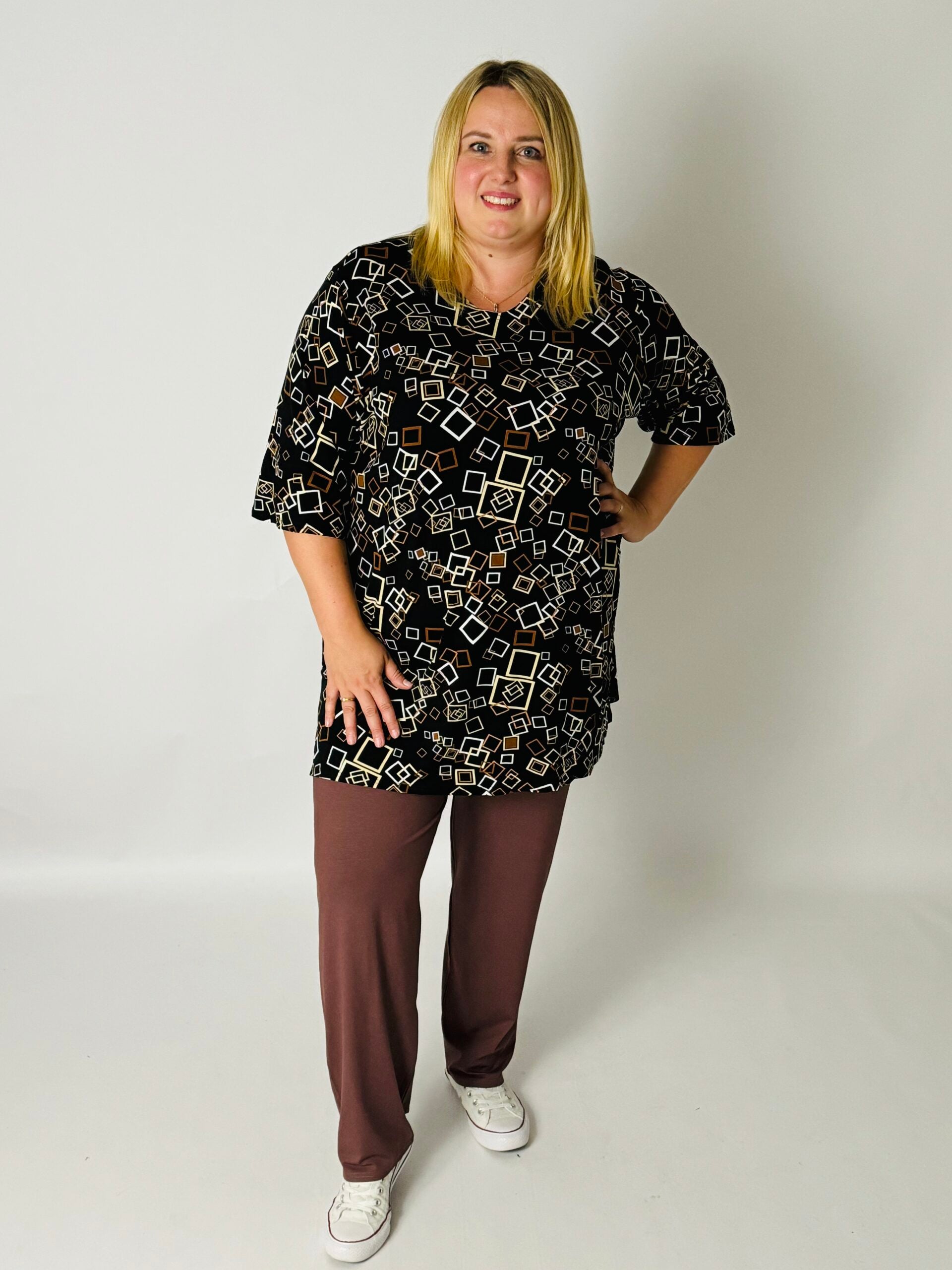 T-shirt Eva viscose met print vierkantjes bruin 90cm