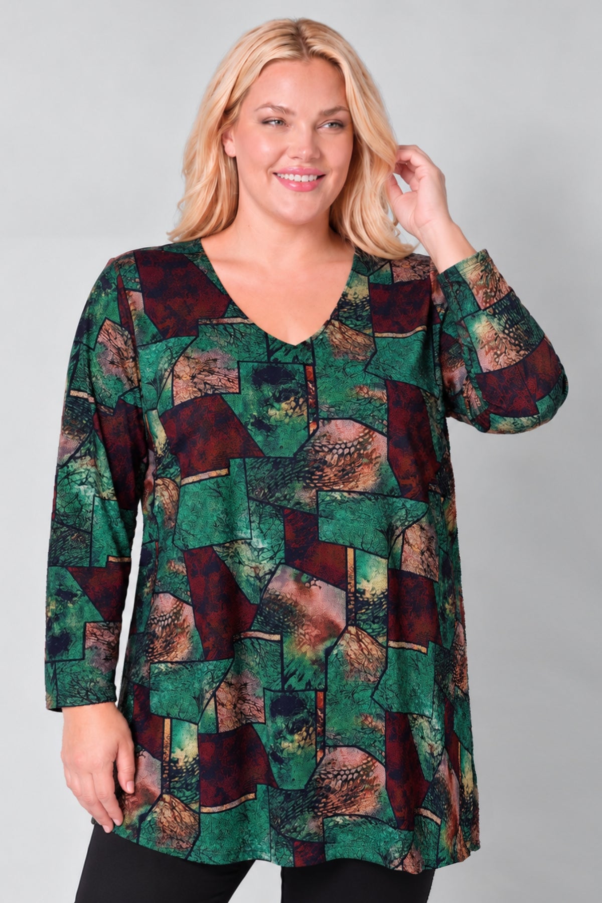 Longshirt Erna | Emerald Patchwork | met Viscose | Recht model | V-hals | 90 cm