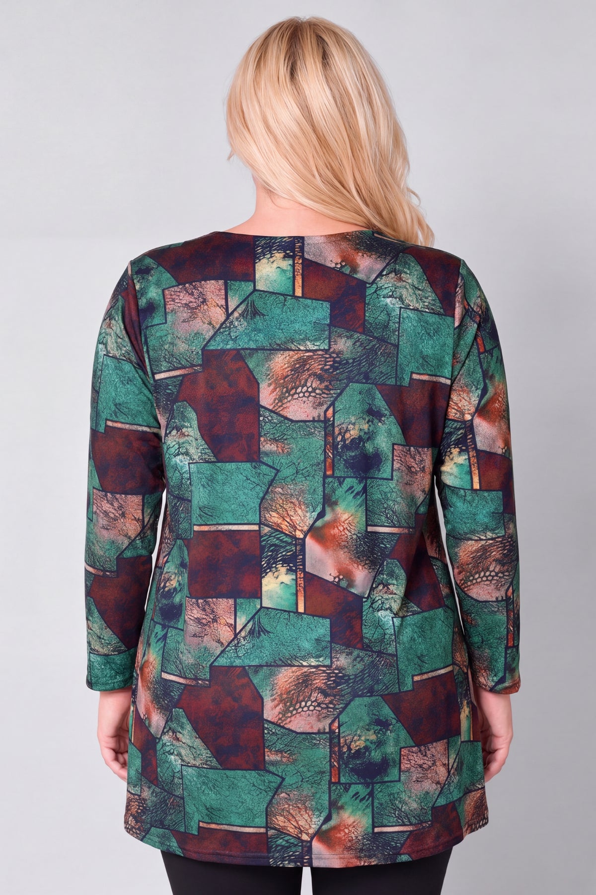 Longshirt Erna | Emerald Patchwork | met Viscose | Recht model | V-hals | 90 cm