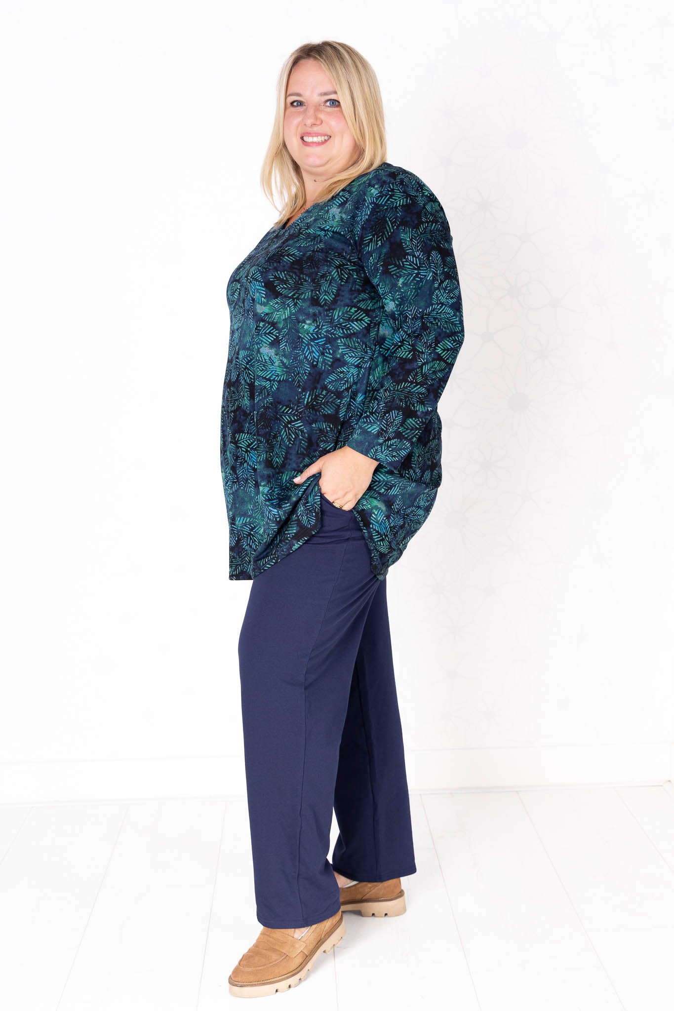 Top Erna | Modal | 90 cm | Aqua bladeren