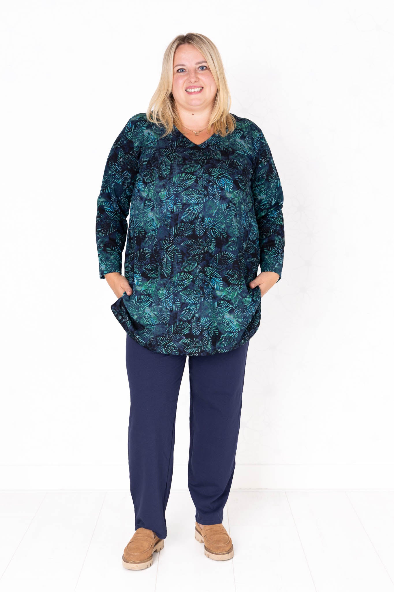 Top Erna | Modal | 90 cm | Aqua bladeren