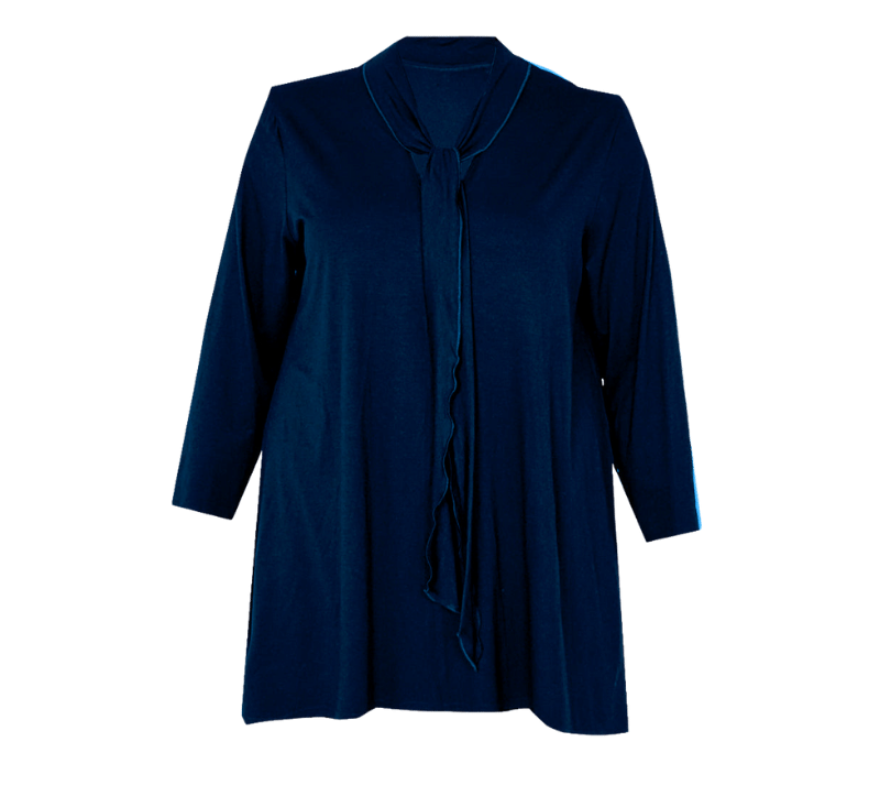 Bammode tuniek grote maat in donkerblauw met v-hals en strikje - maten 44 t/m 62